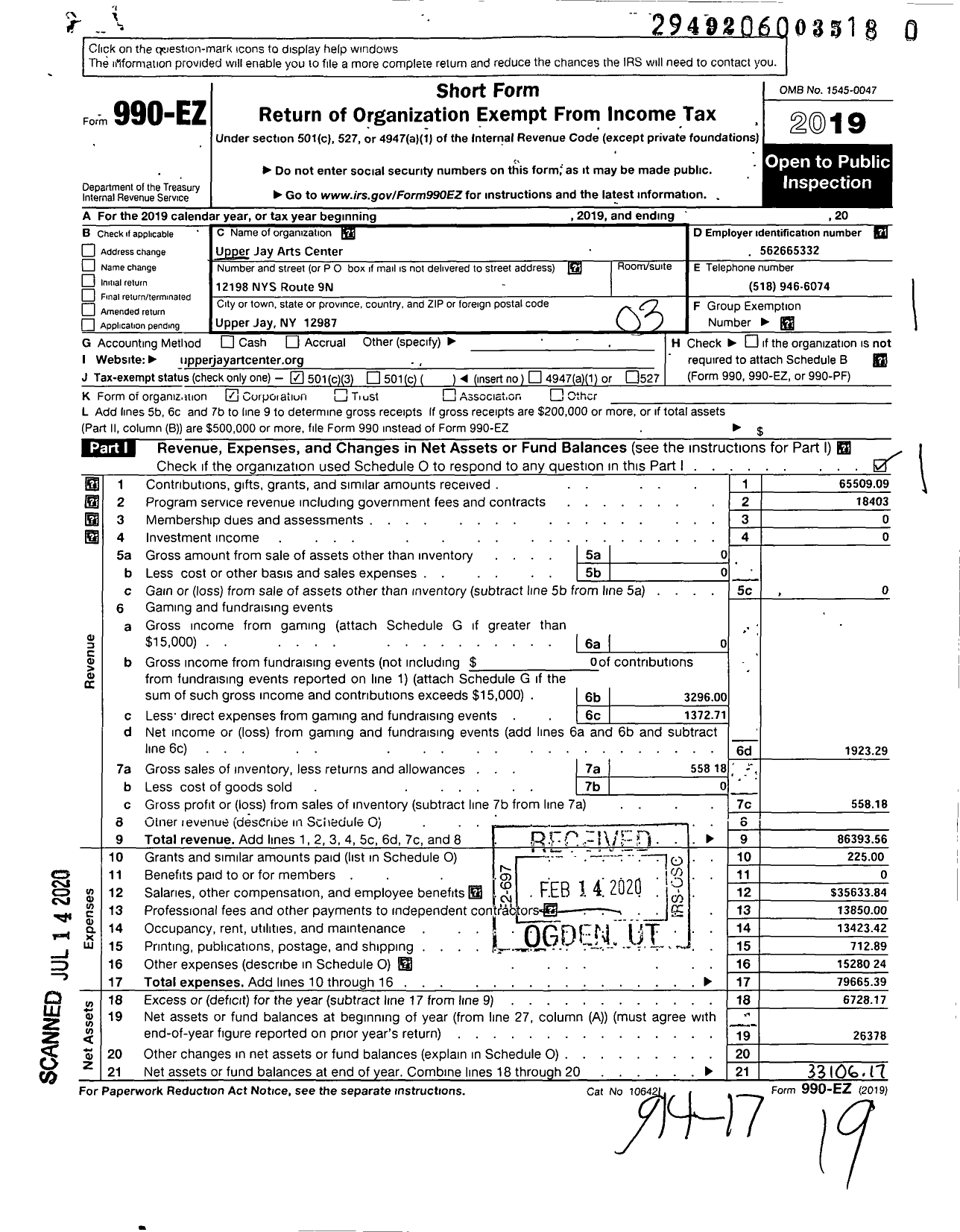 Image of first page of 2019 Form 990EZ for Upper Jay Art Center