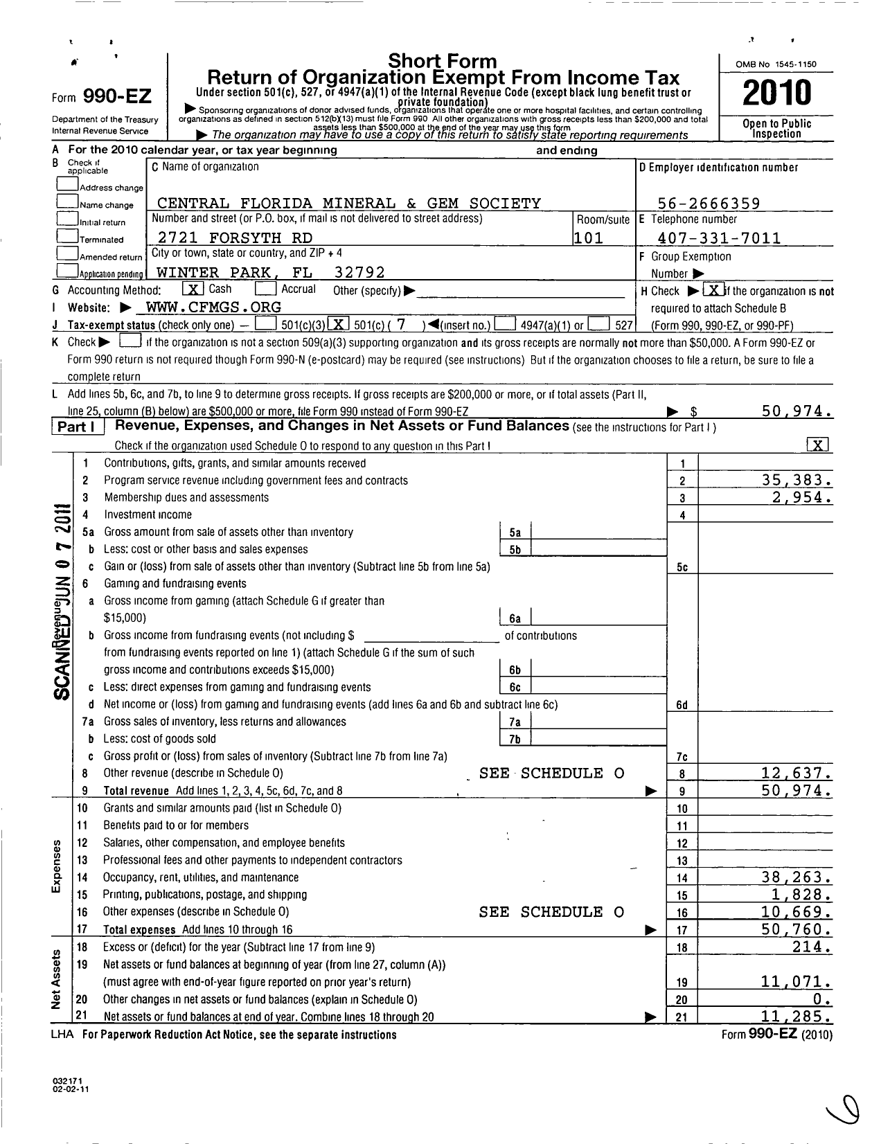 Image of first page of 2010 Form 990EO for Central Florida Mineral and Gem Society