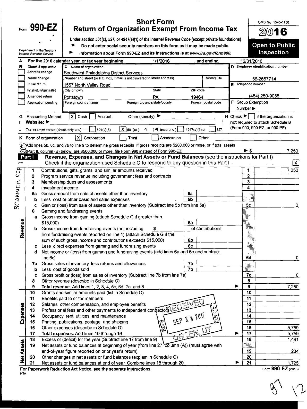 Image of first page of 2016 Form 990EO for Southwest Philadelphia District Services