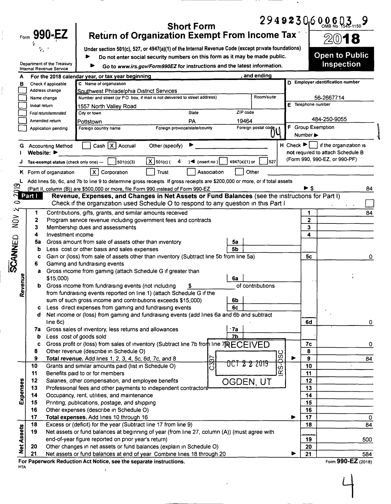 Image of first page of 2018 Form 990EO for Southwest Philadelphia District Services