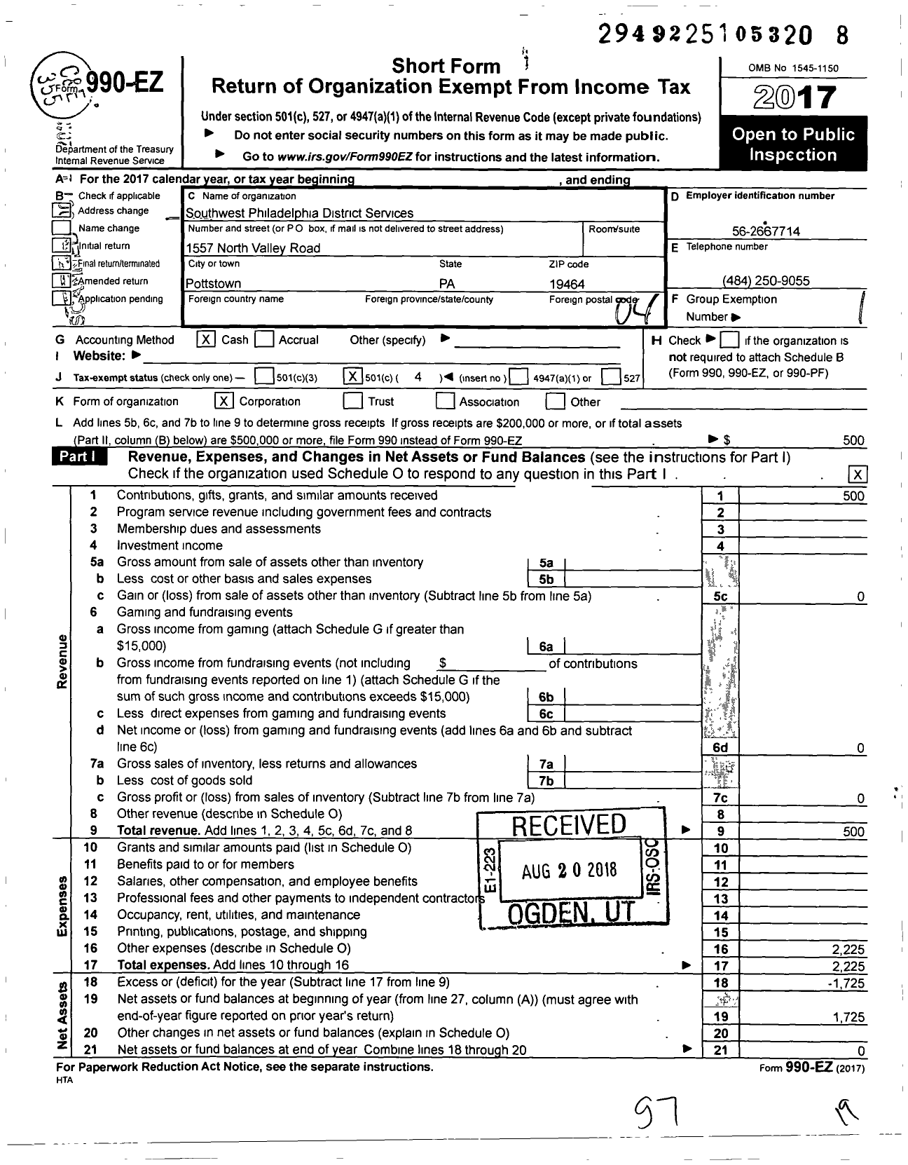 Image of first page of 2017 Form 990EO for Southwest Philadelphia District Services