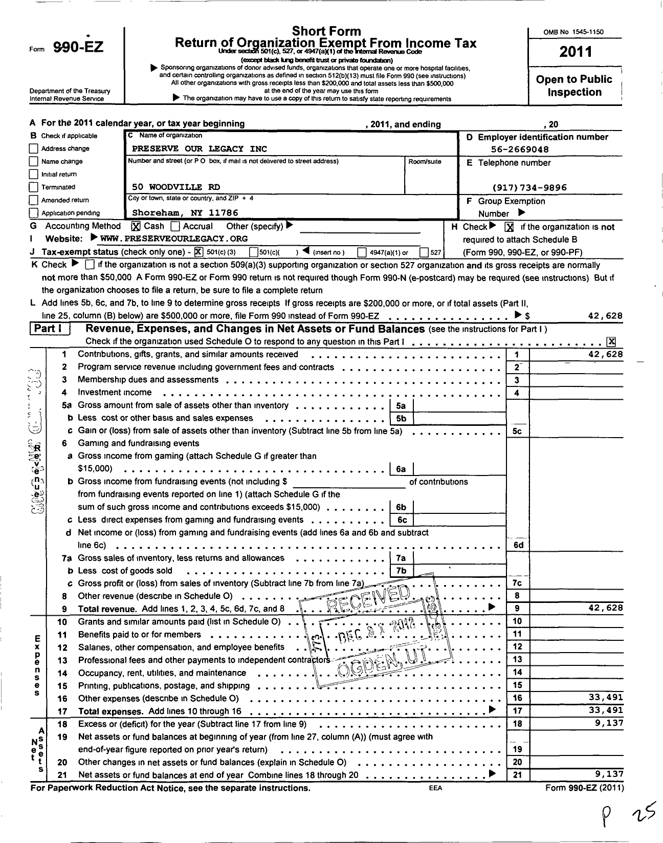 Image of first page of 2011 Form 990EZ for Preserve Our Legacy