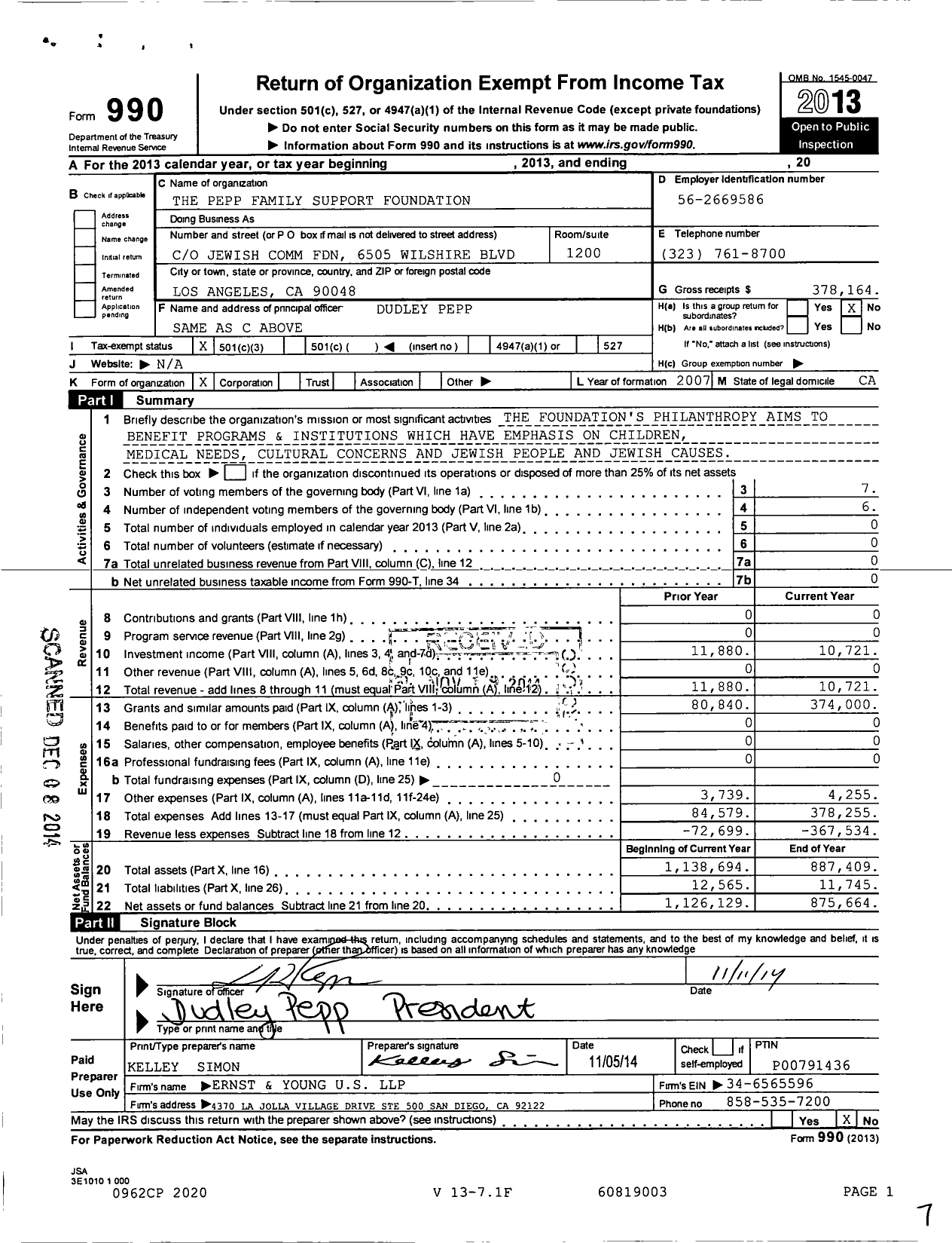 Image of first page of 2013 Form 990 for The Pepp Family Support Foundation