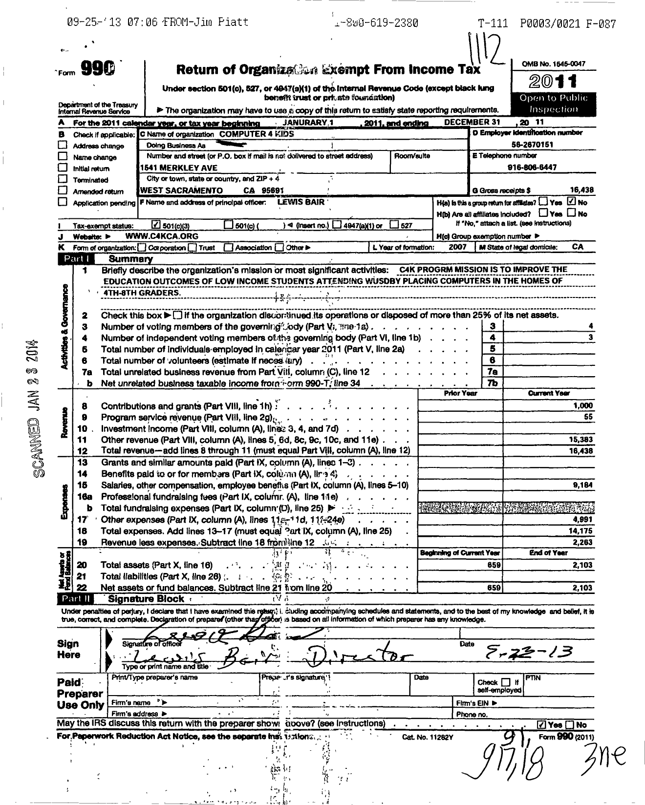 Image of first page of 2011 Form 990 for Computers for Kids