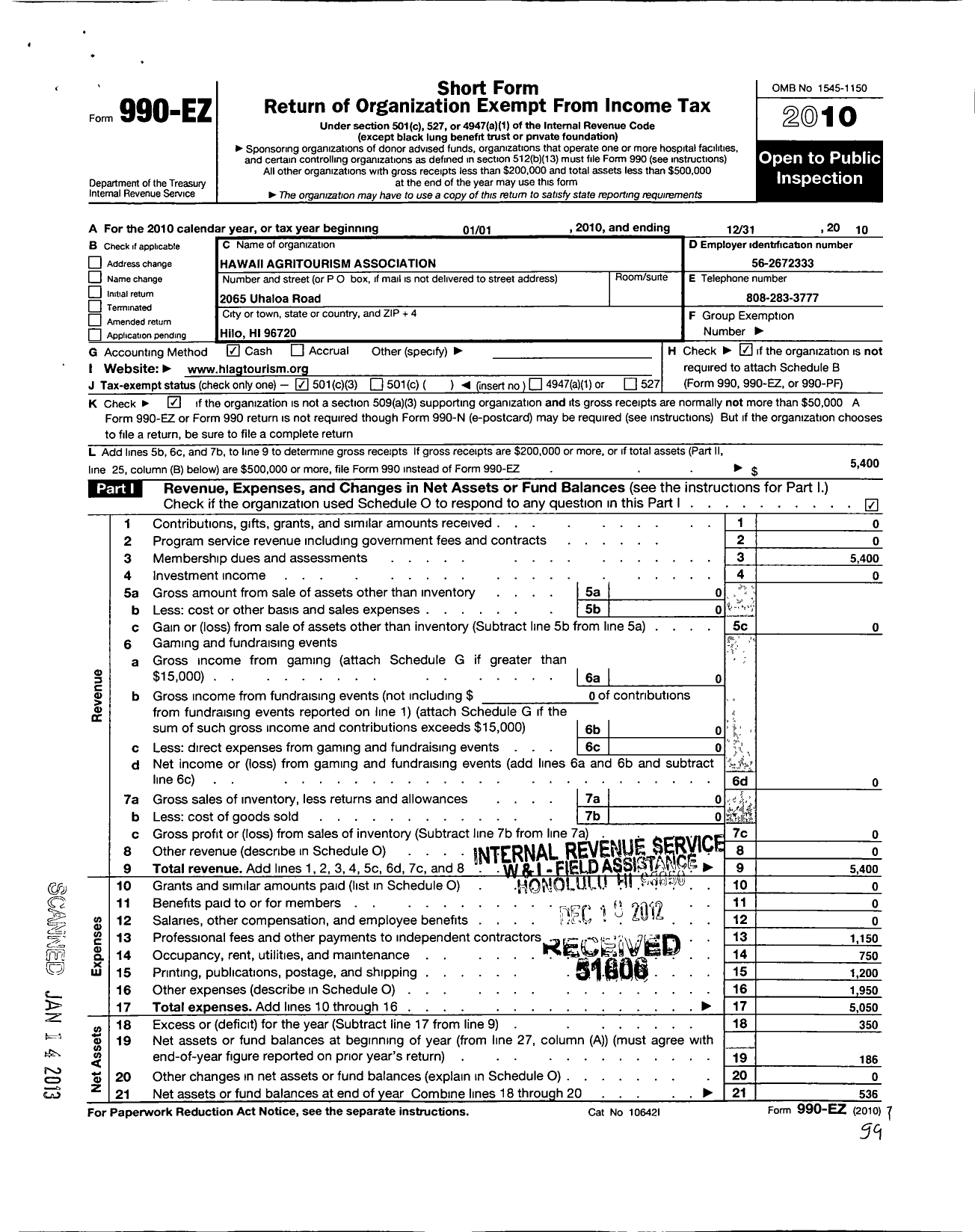 Image of first page of 2010 Form 990EZ for Hawaii Agritourism Association