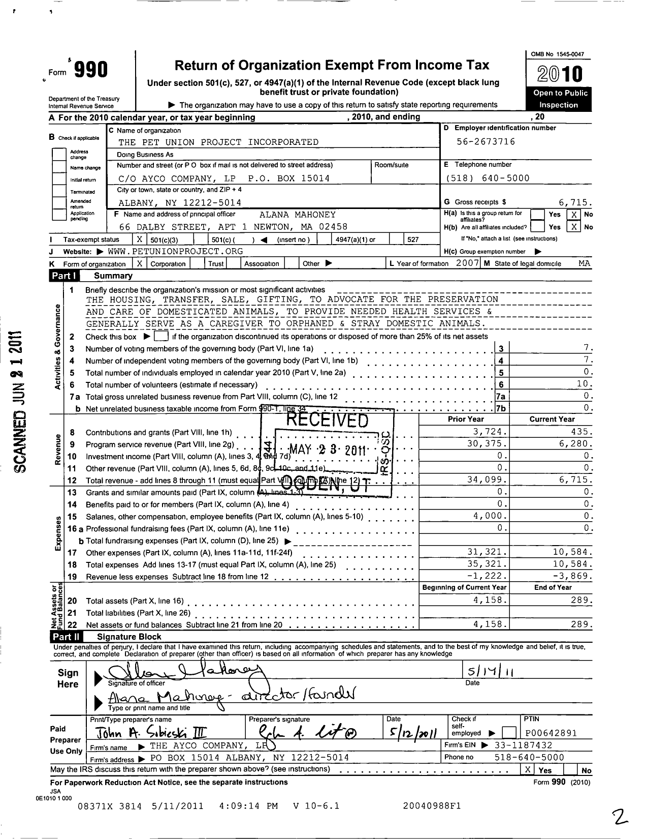 Image of first page of 2010 Form 990 for The Pet Union Project Incorporated