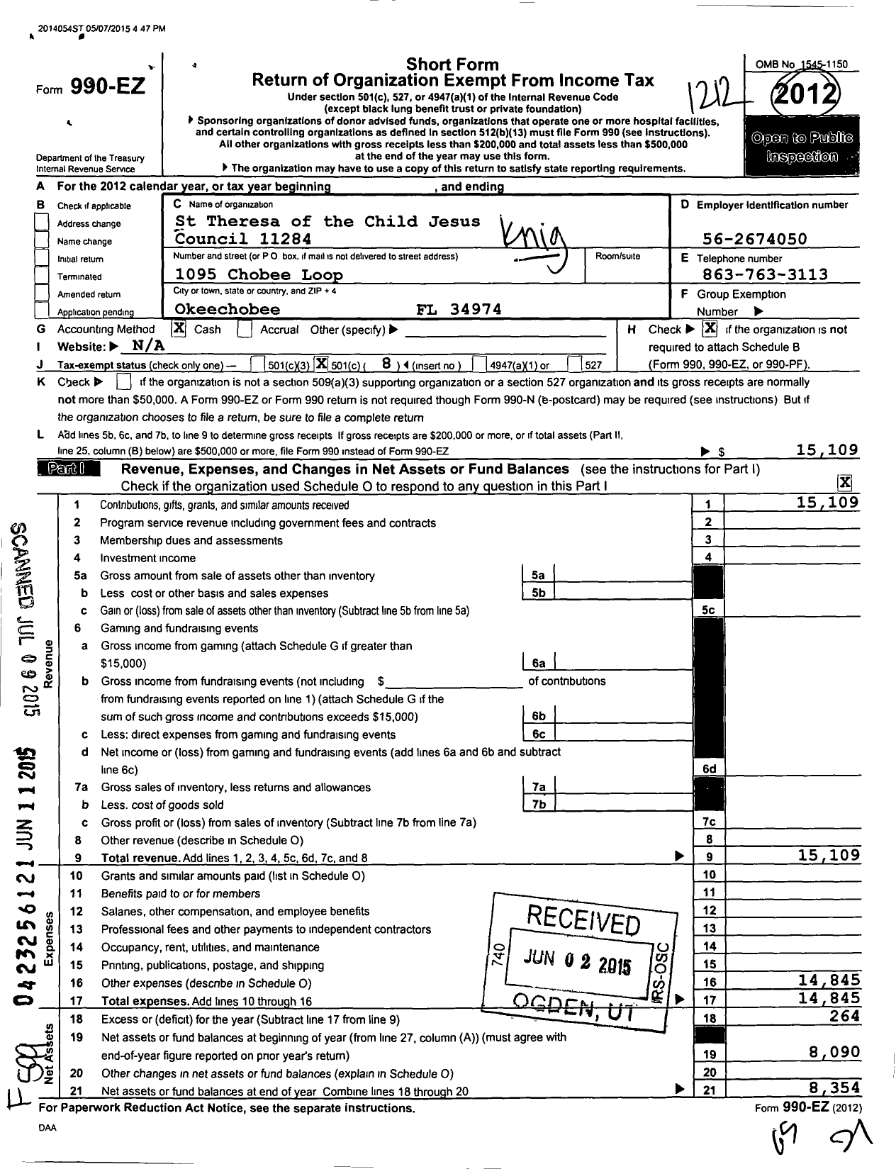 Image of first page of 2012 Form 990EO for Knights of Columbus / 11284 St Theresa of the Child Jesu