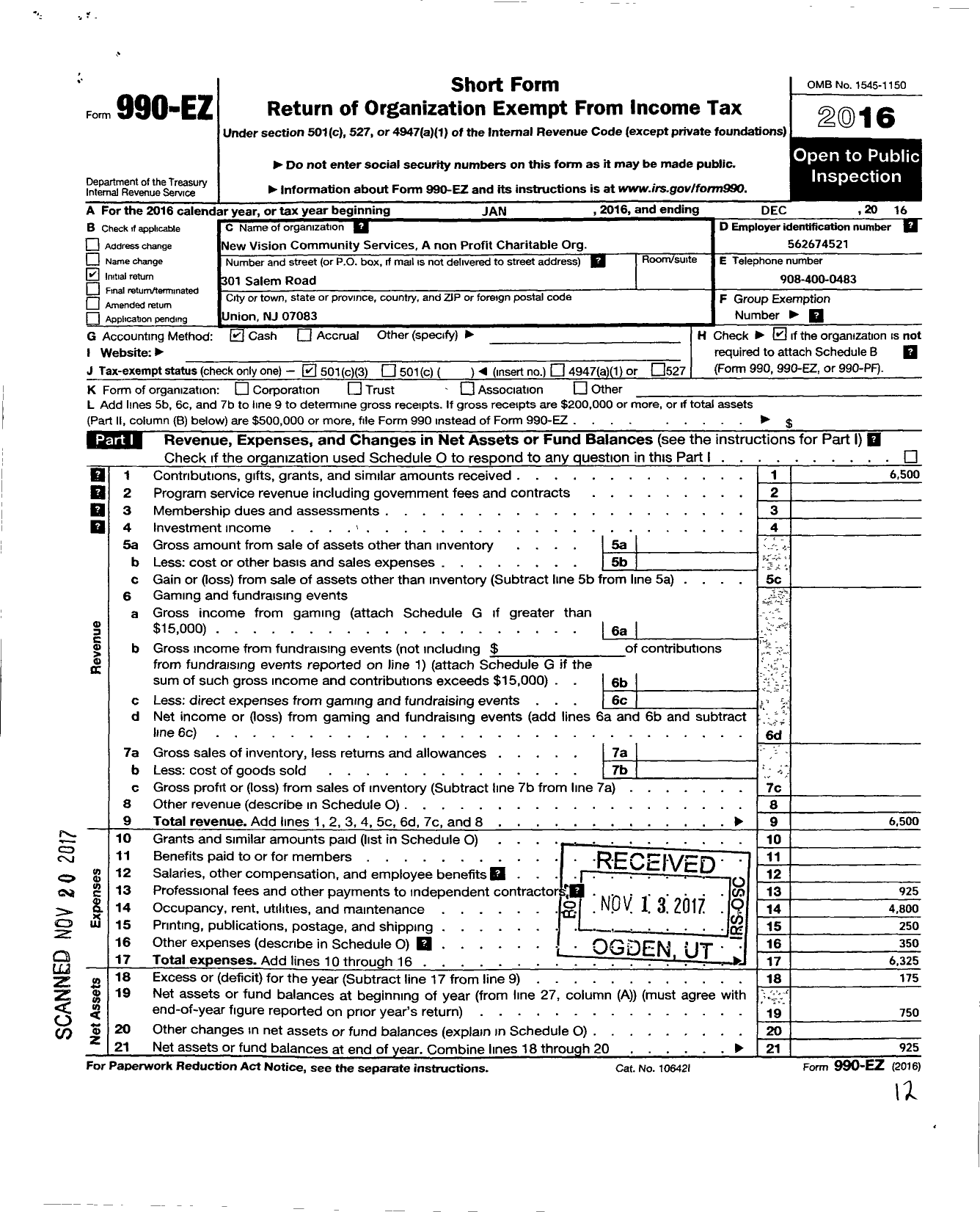 Image of first page of 2016 Form 990EZ for New Vision Community Services