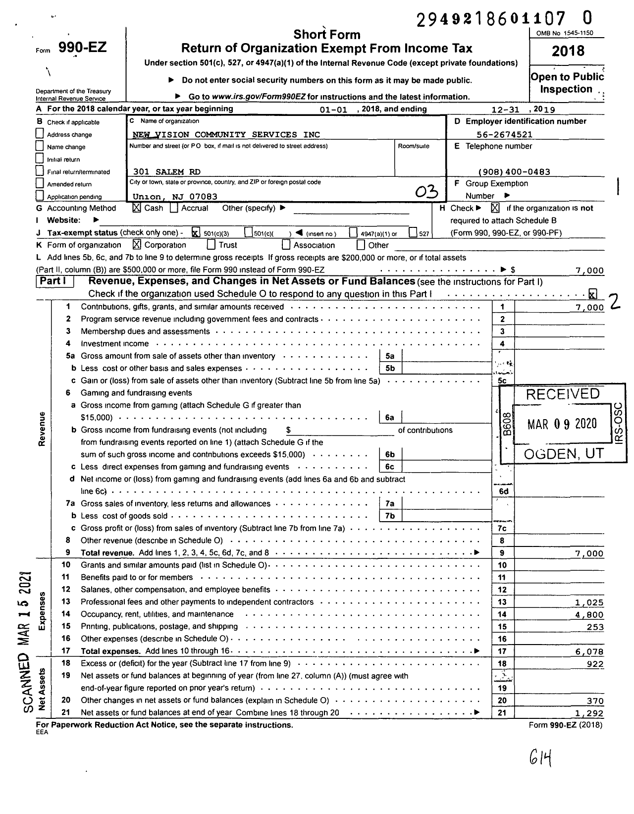 Image of first page of 2019 Form 990EZ for New Vision Community Services