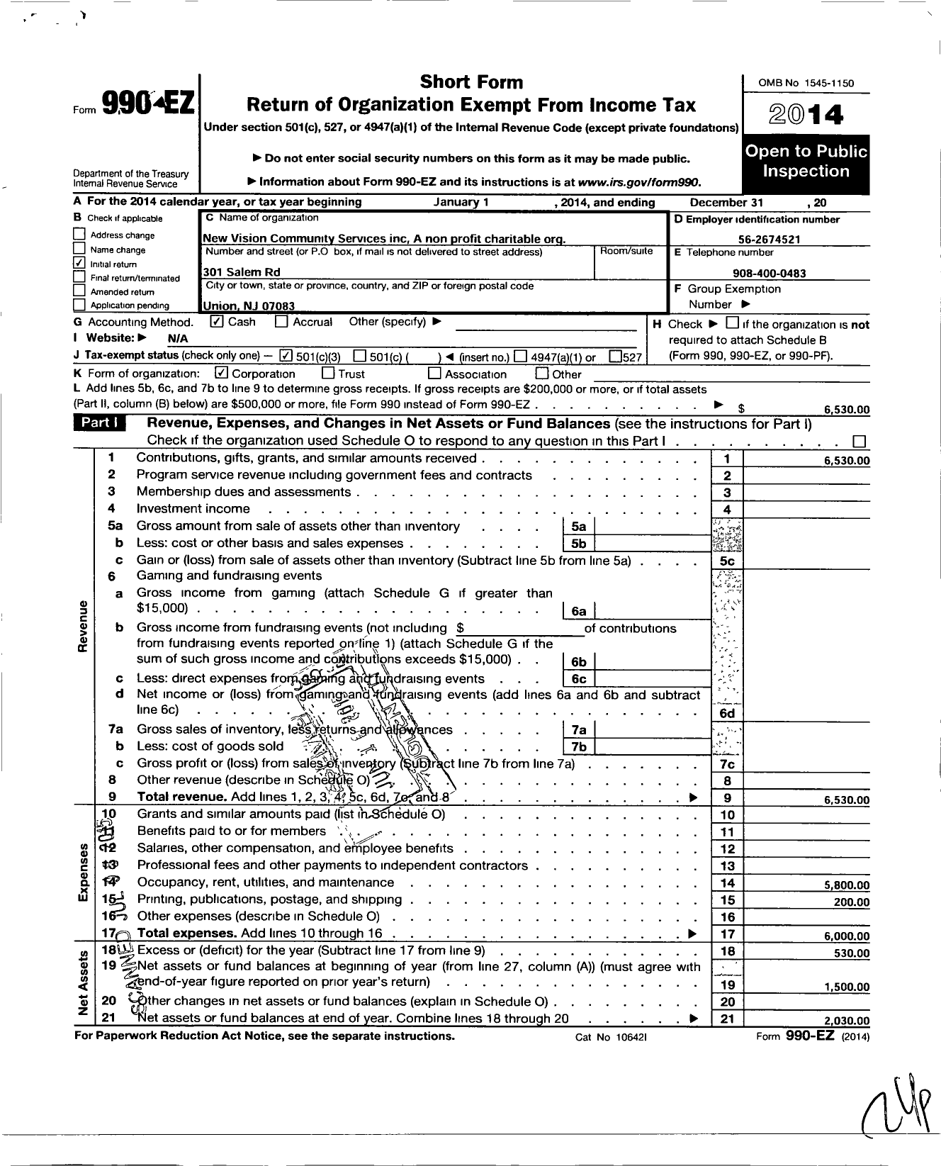 Image of first page of 2014 Form 990EZ for New Vision Community Services