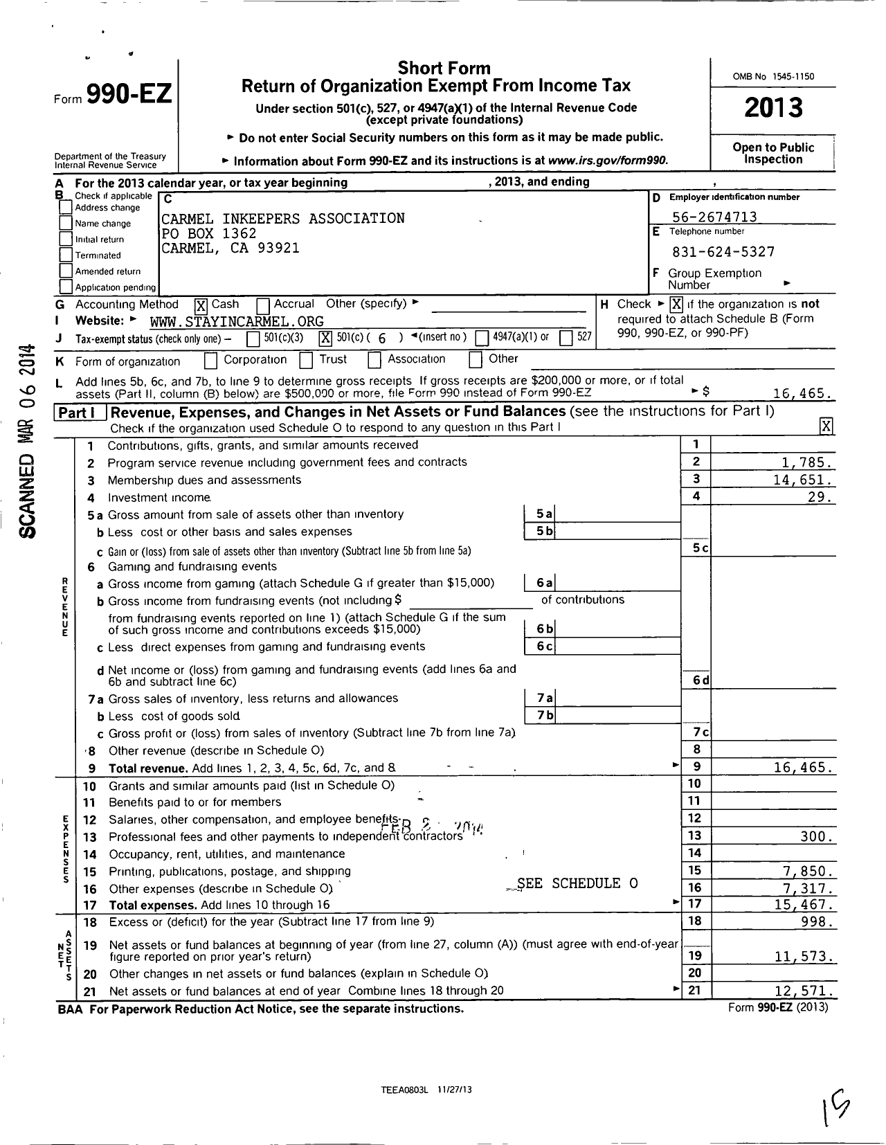 Image of first page of 2013 Form 990EO for Carmel Innkeepers Association