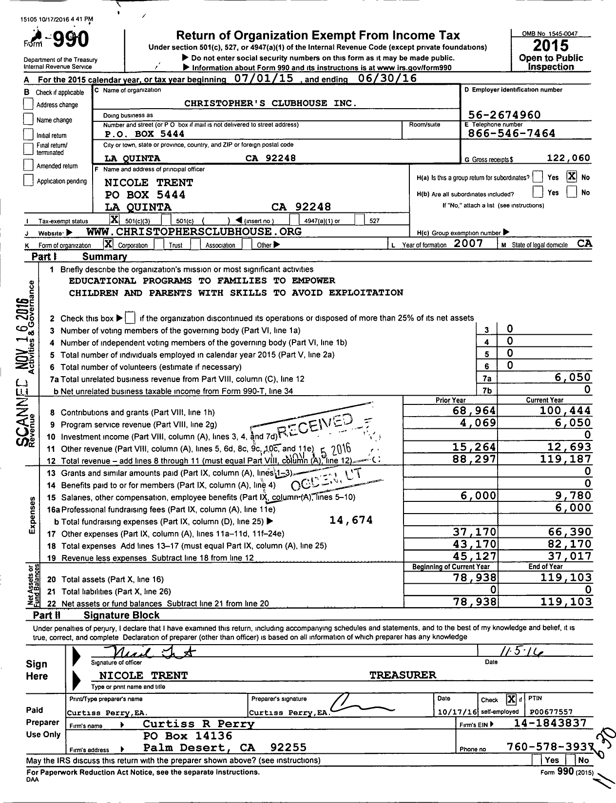 Image of first page of 2015 Form 990 for Christopher's Clubhouse