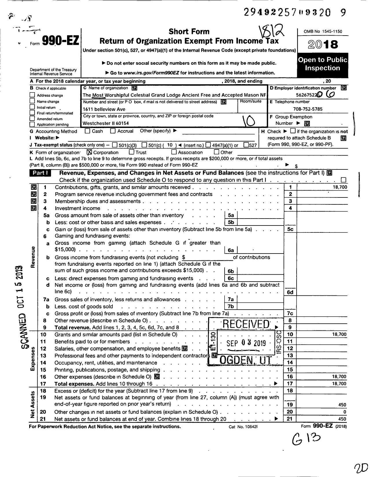 Image of first page of 2018 Form 990EO for Most Worshipful Celestial Grand Lodge Ancient Free and Accepted Maso