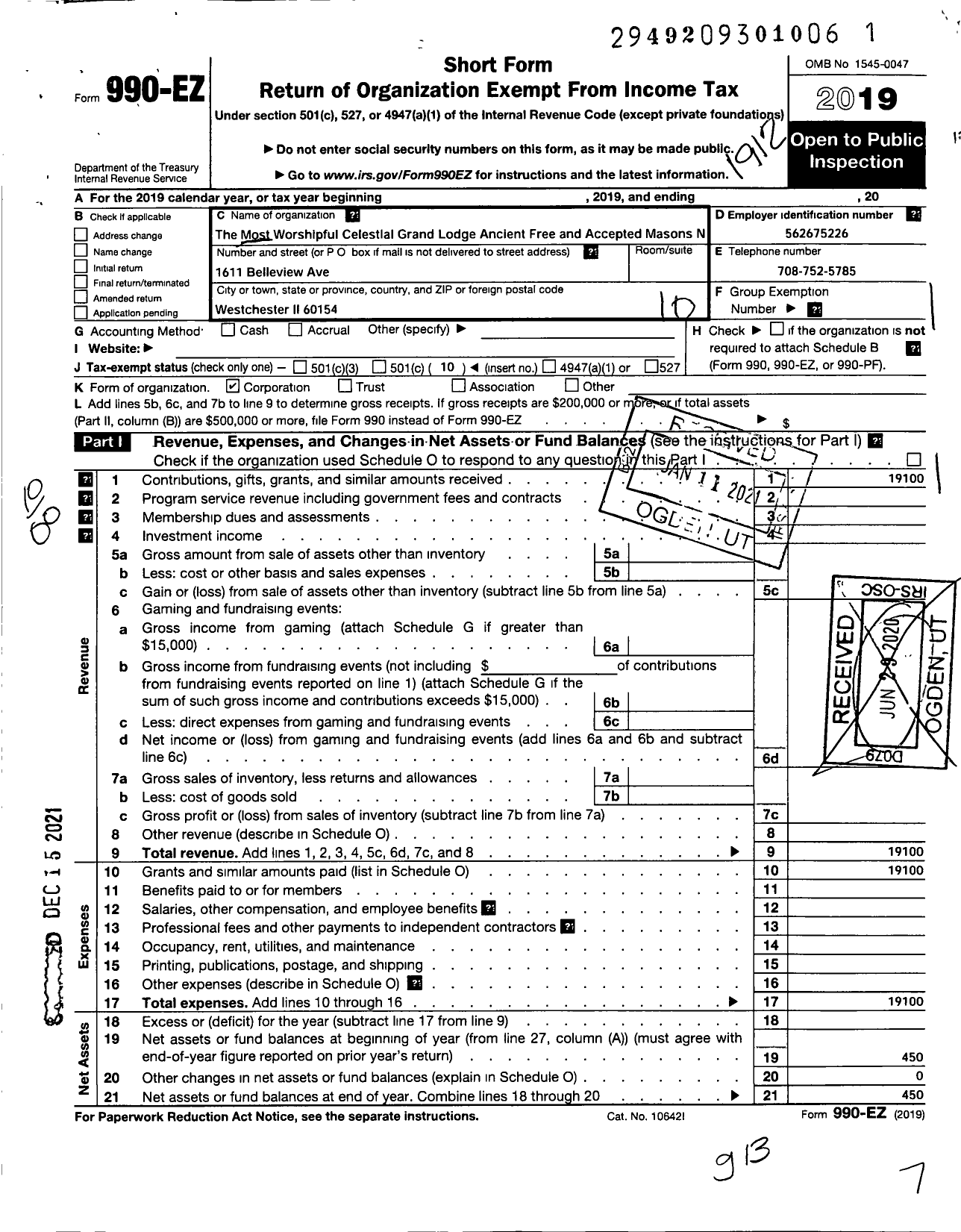 Image of first page of 2019 Form 990EO for Most Worshipful Celestial Grand Lodge Ancient Free and Accepted Maso