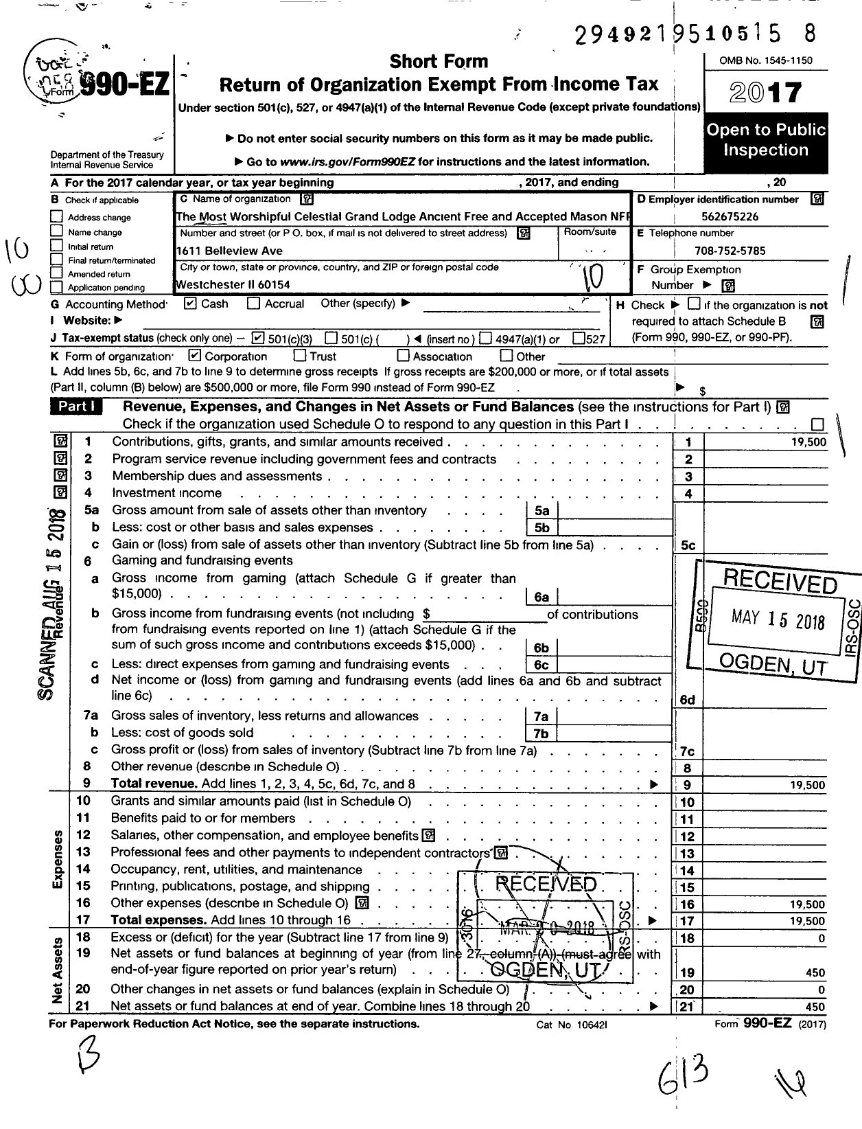 Image of first page of 2017 Form 990EO for Most Worshipful Celestial Grand Lodge Ancient Free and Accepted Maso