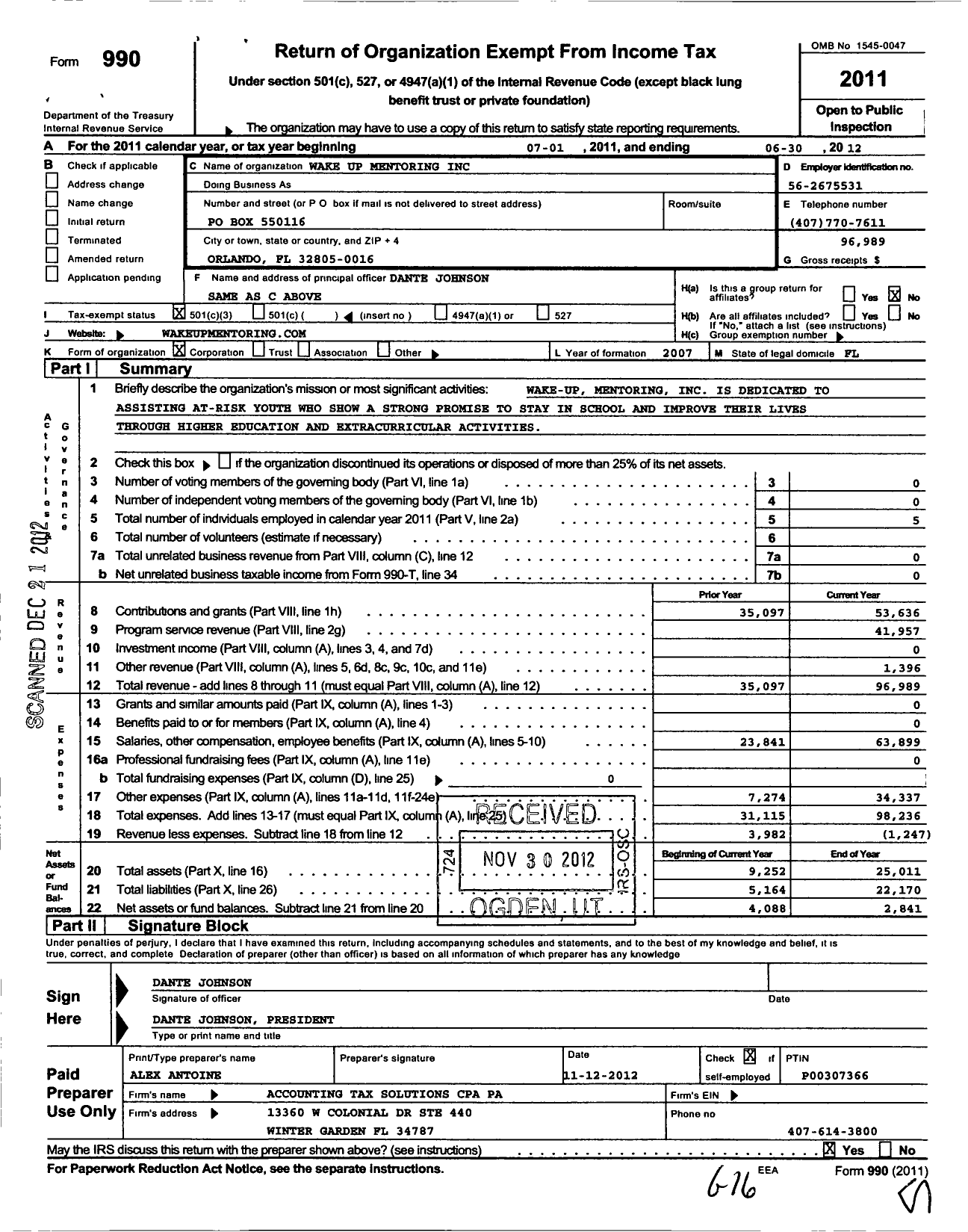 Image of first page of 2011 Form 990 for Wake-Up Mentoring