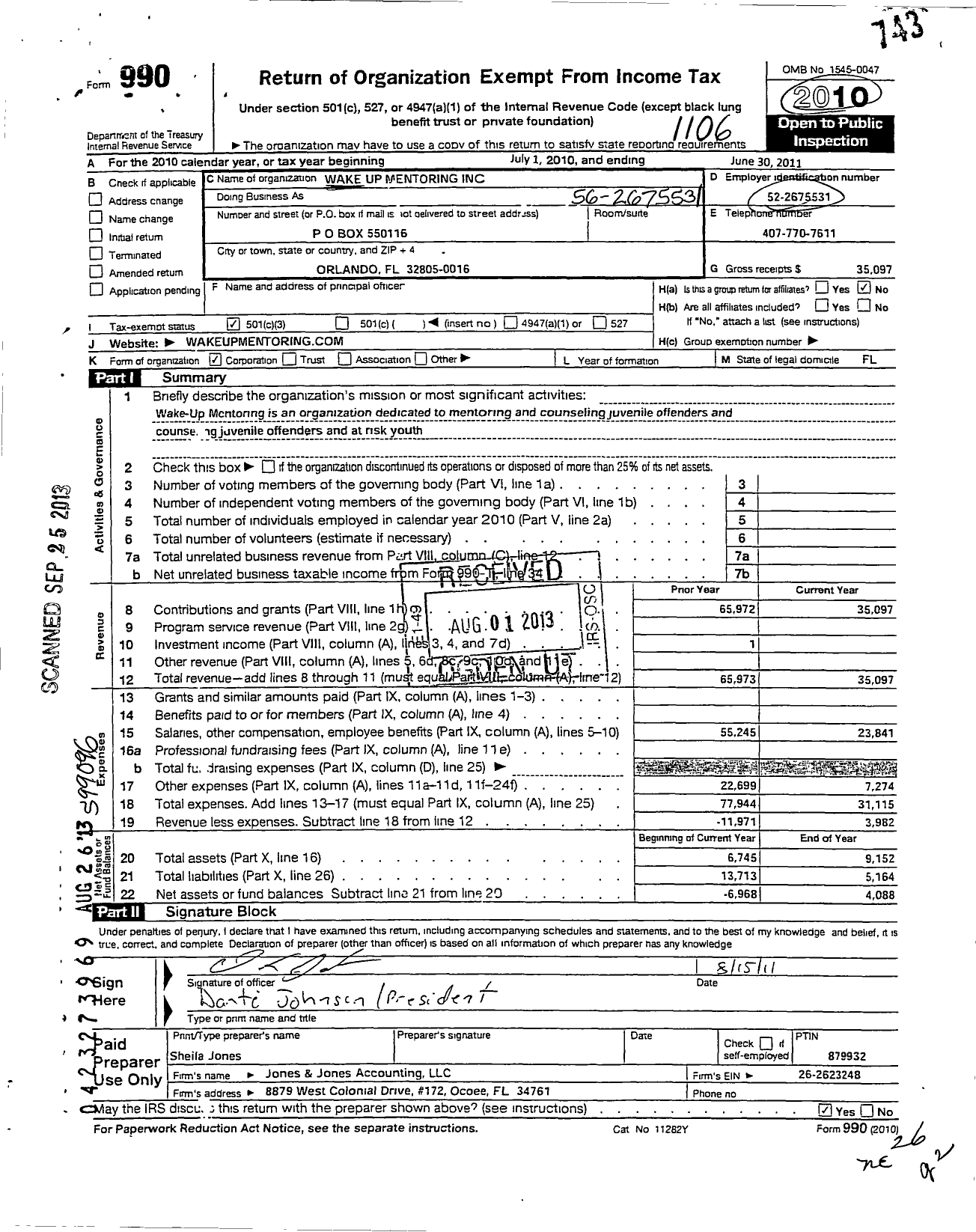 Image of first page of 2010 Form 990 for Wake-Up Mentoring