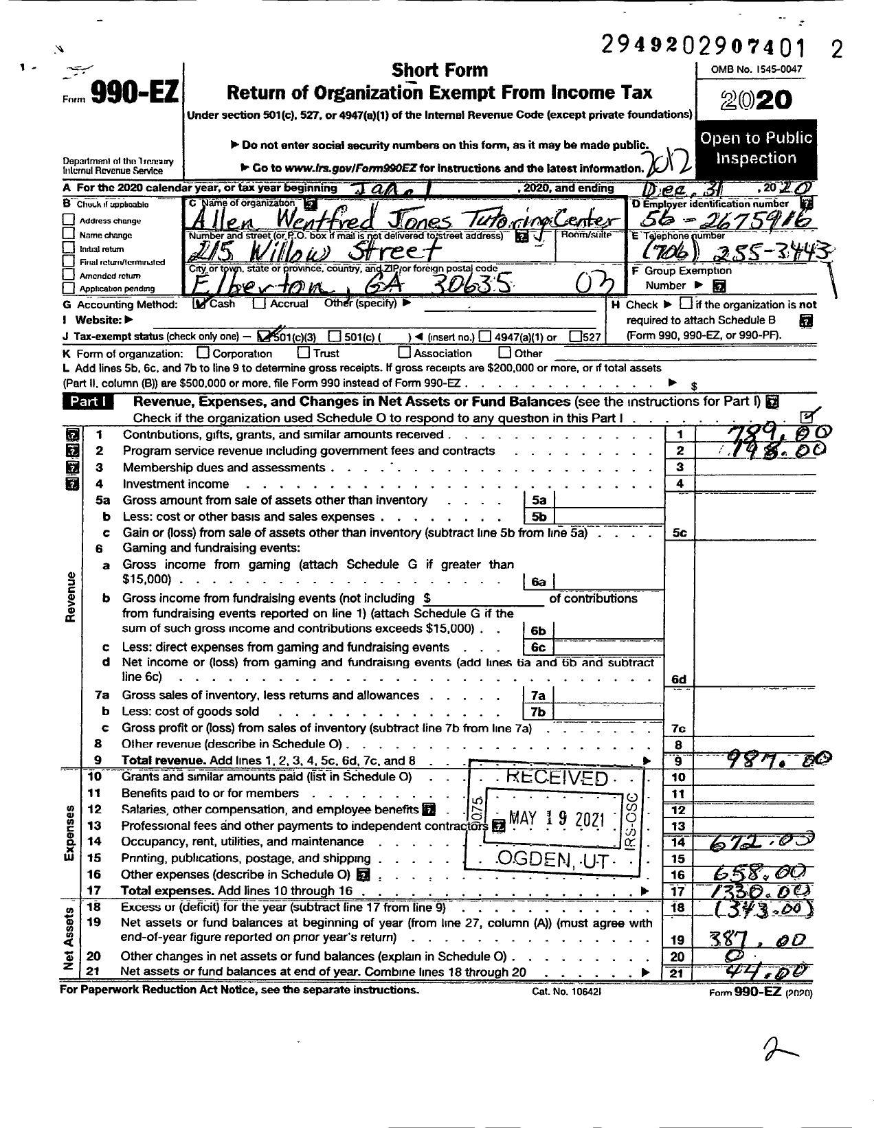 Image of first page of 2020 Form 990EZ for Allen Wentfred Jones Tutoring Center