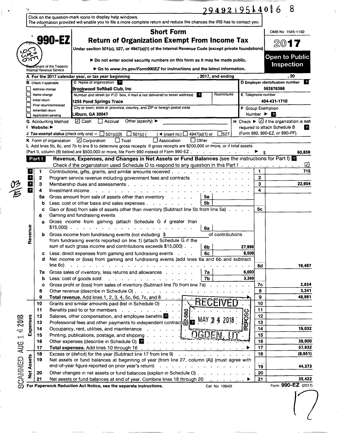 Image of first page of 2017 Form 990EZ for Brookwood Softball Club