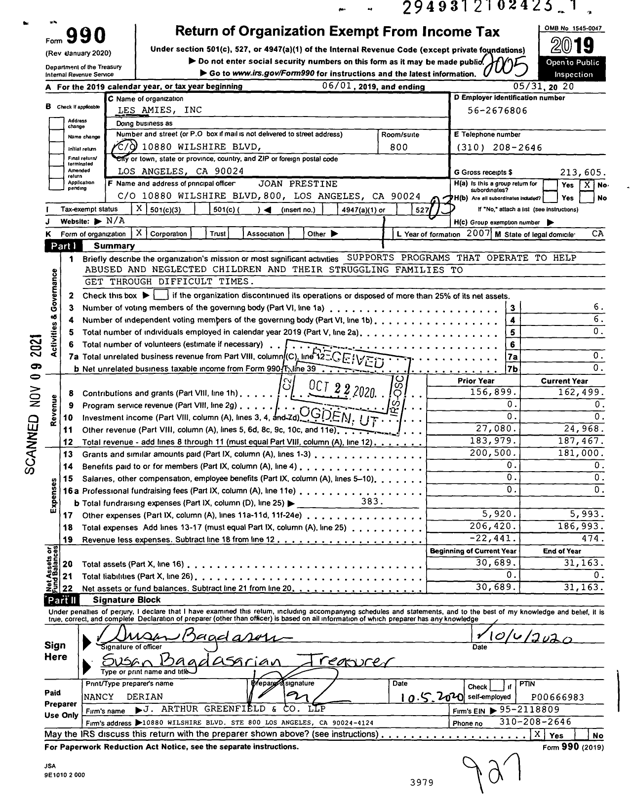 Image of first page of 2019 Form 990 for Les Amies