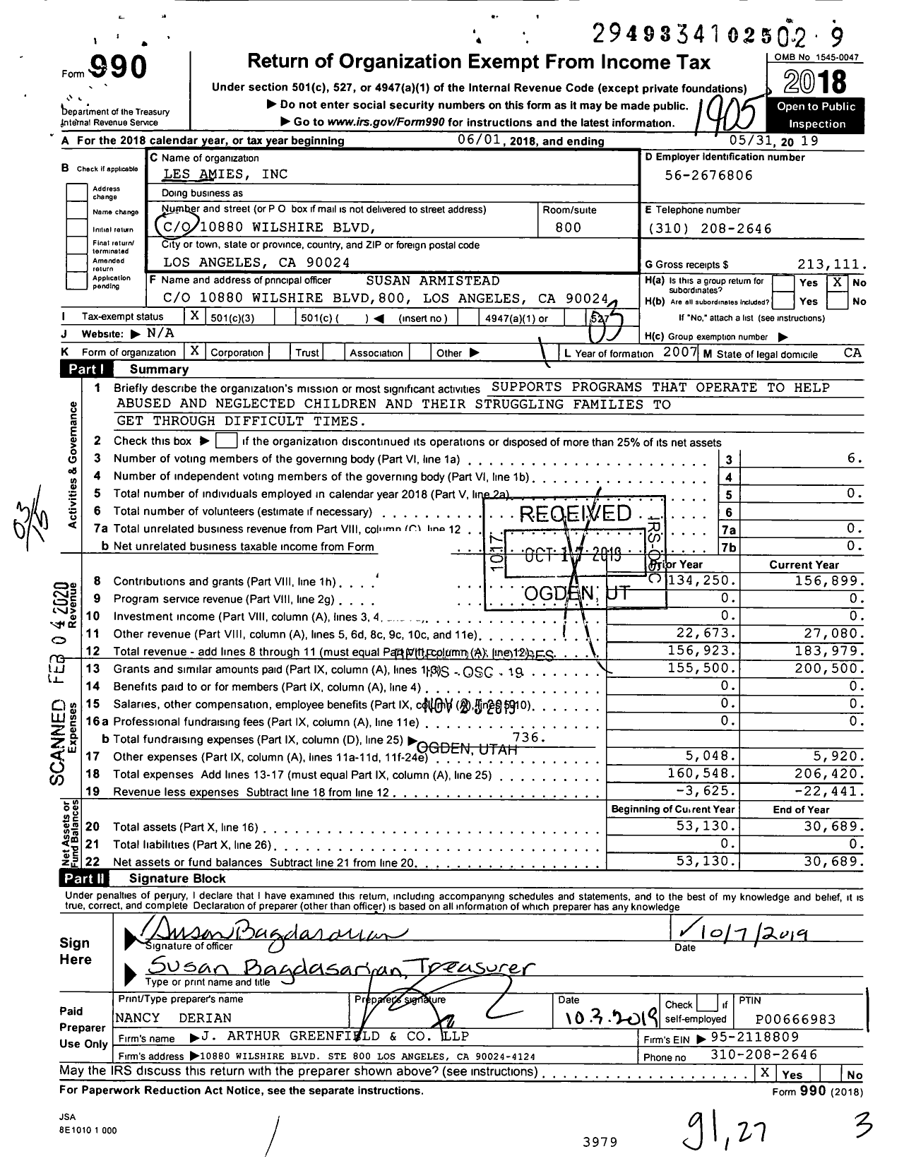 Image of first page of 2018 Form 990 for Les Amies