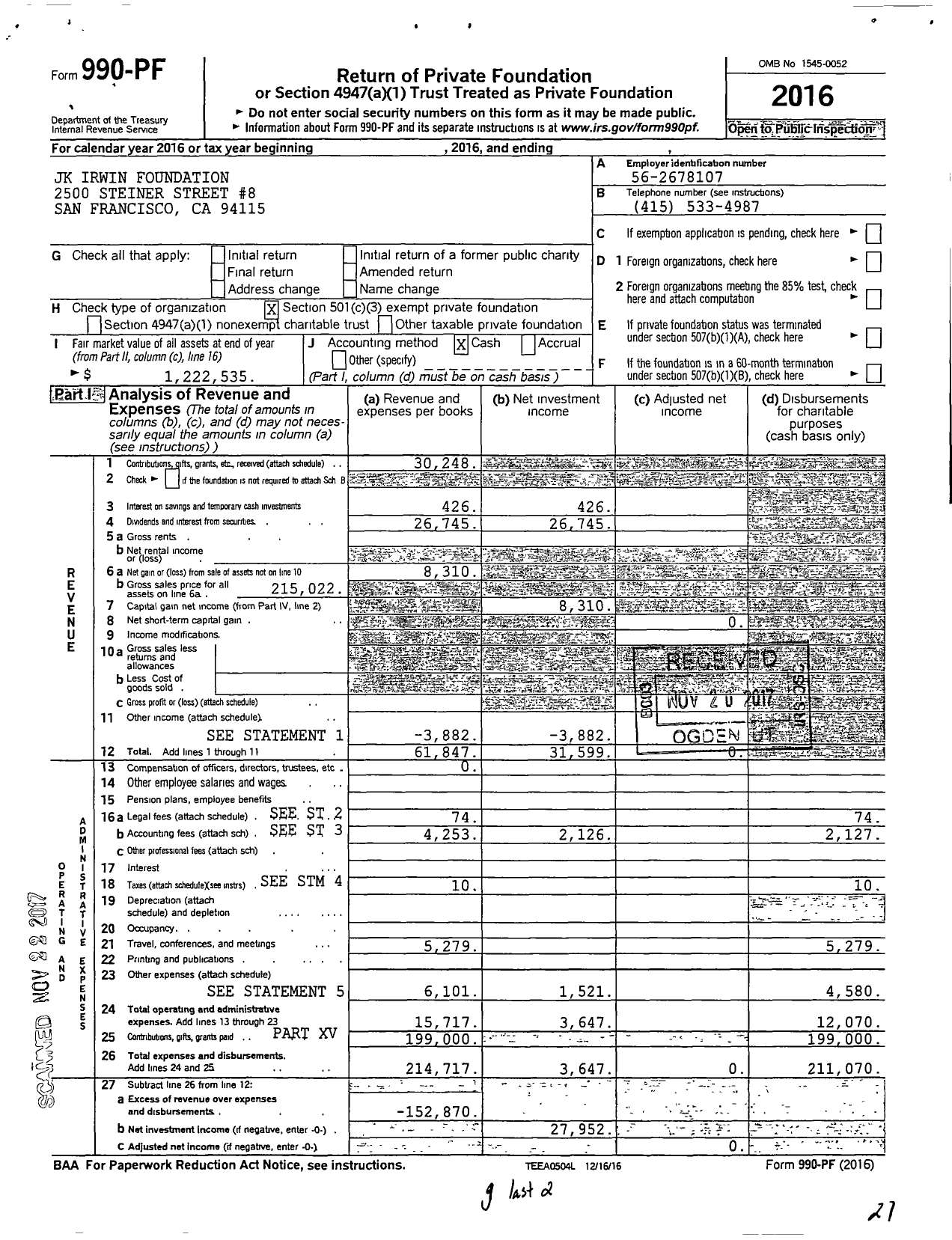 Image of first page of 2016 Form 990PF for JK Irwin Foundation