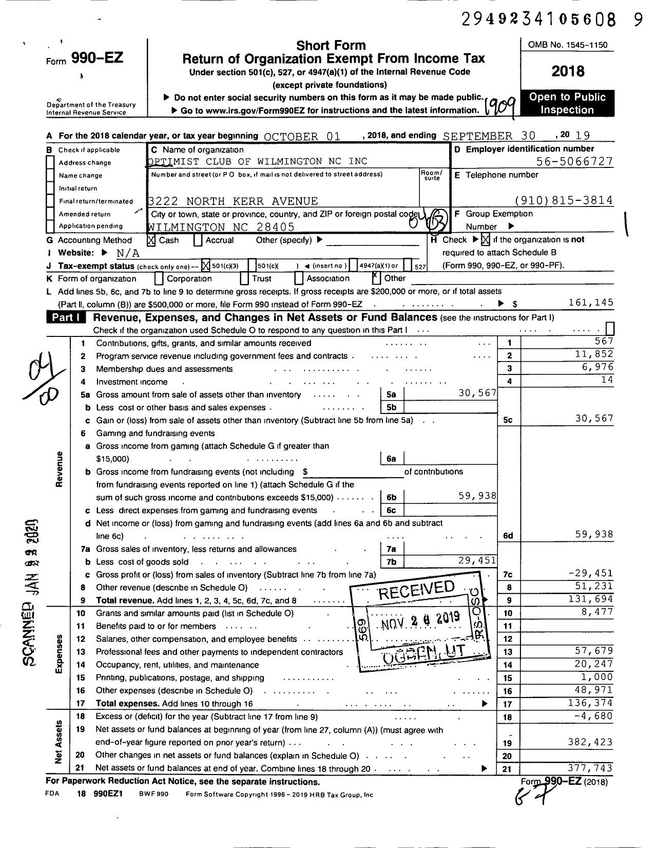 Image of first page of 2018 Form 990EO for Optimist International - 43077 Oc of Wilmington Cape Fear NC