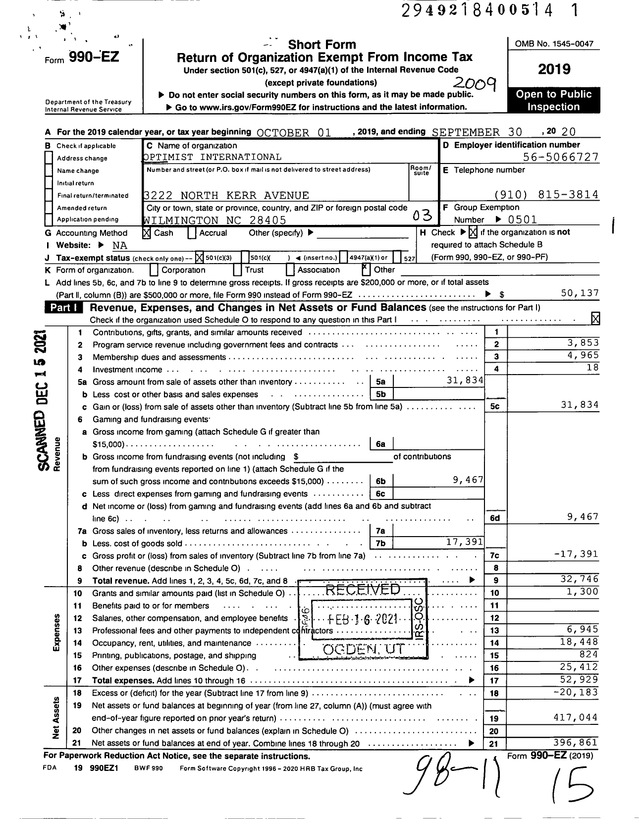 Image of first page of 2019 Form 990EZ for Optimist International - 43077 Oc of Wilmington Cape Fear NC