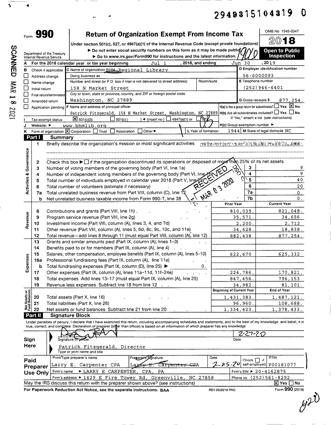 Image of first page of 2018 Form 990 for BHM Regional Library