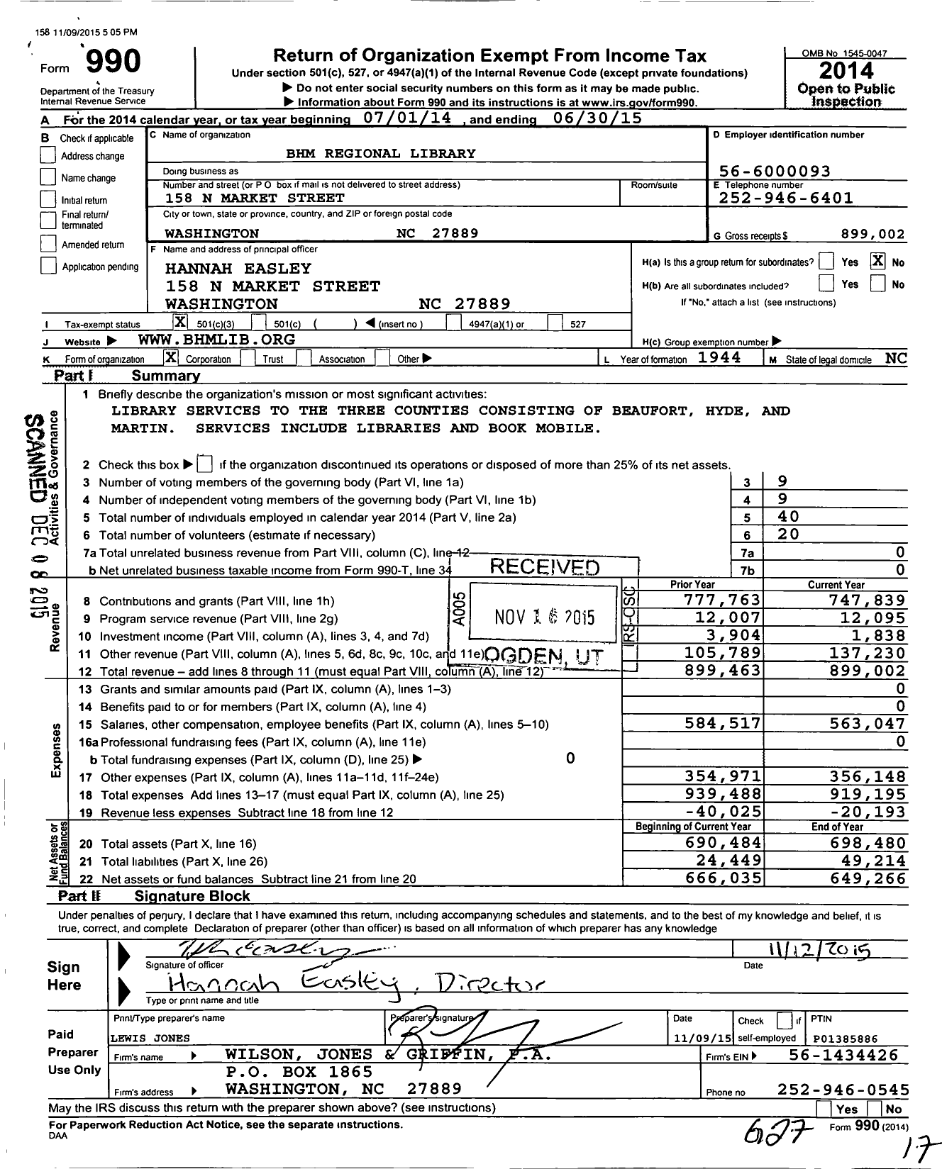 Image of first page of 2014 Form 990 for BHM Regional Library