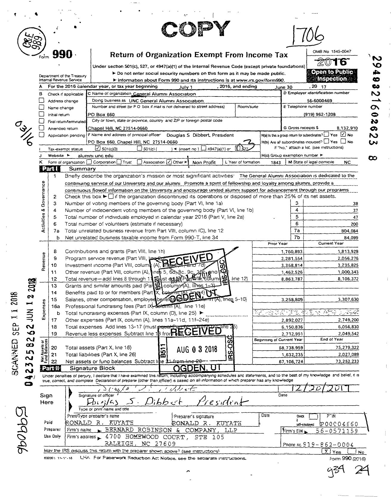 Image of first page of 2016 Form 990 for Unc General Alumni Association