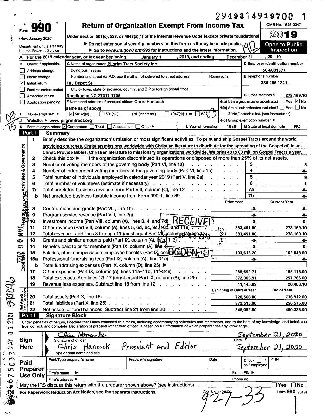 Image of first page of 2019 Form 990 for Pilgrim Tract Society