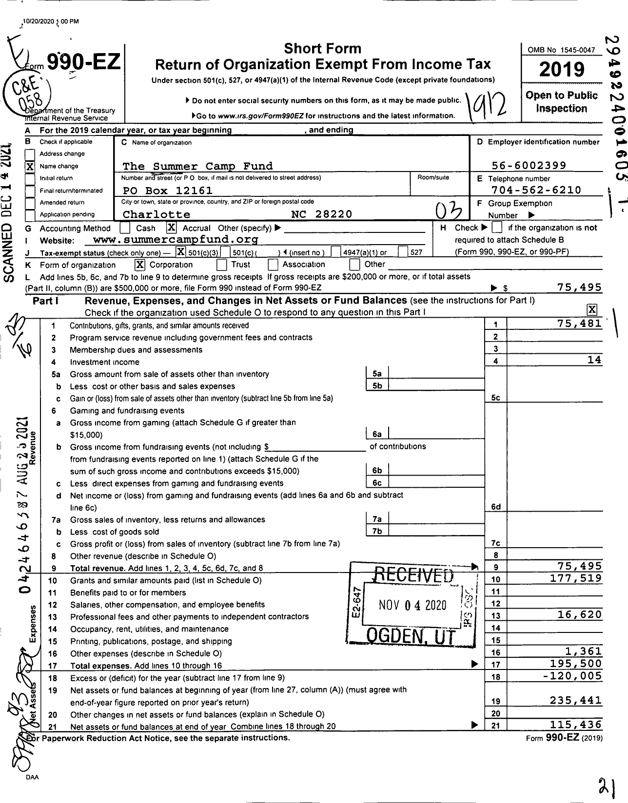 Image of first page of 2019 Form 990EZ for The Summer Camp Fund