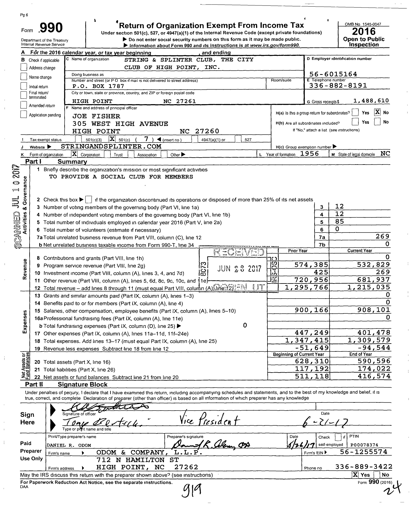 Image of first page of 2016 Form 990O for String and Splinter Club the City Club of High Point