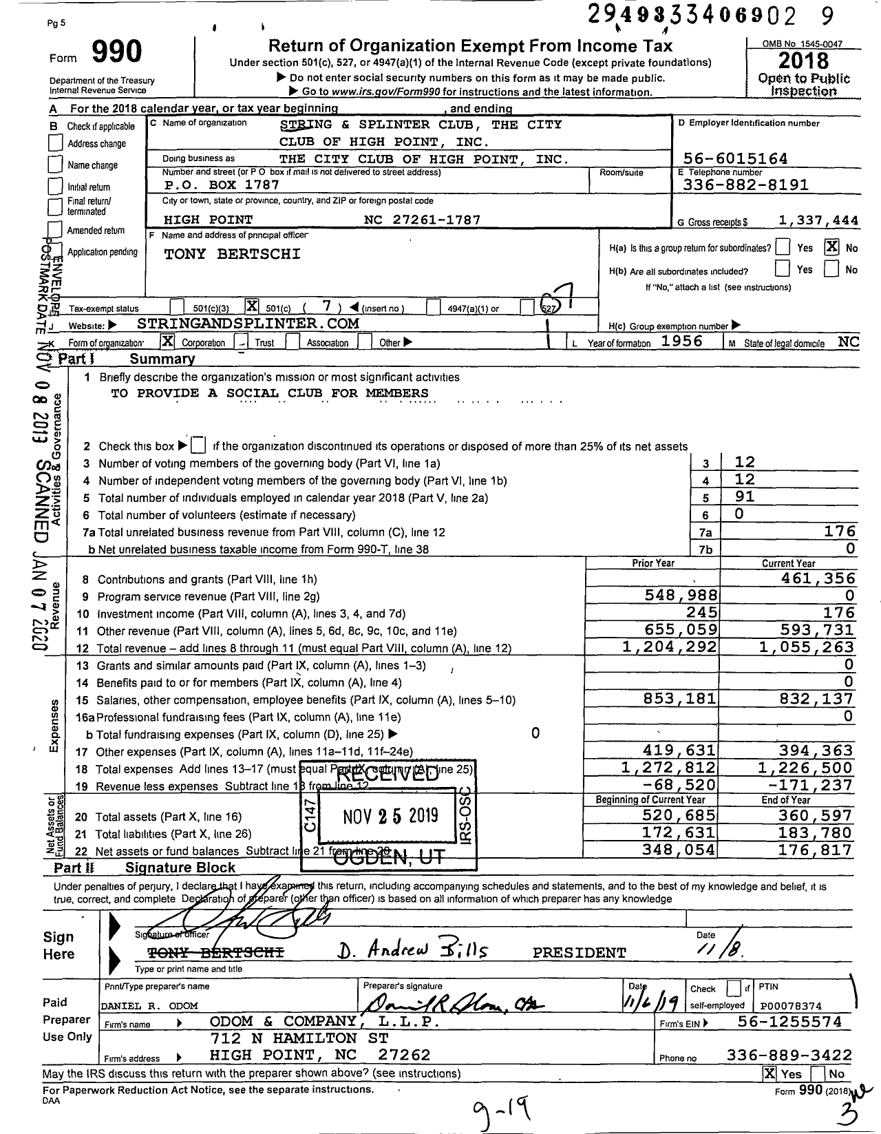 Image of first page of 2018 Form 990O for String and Splinter Club the City Club of High Point