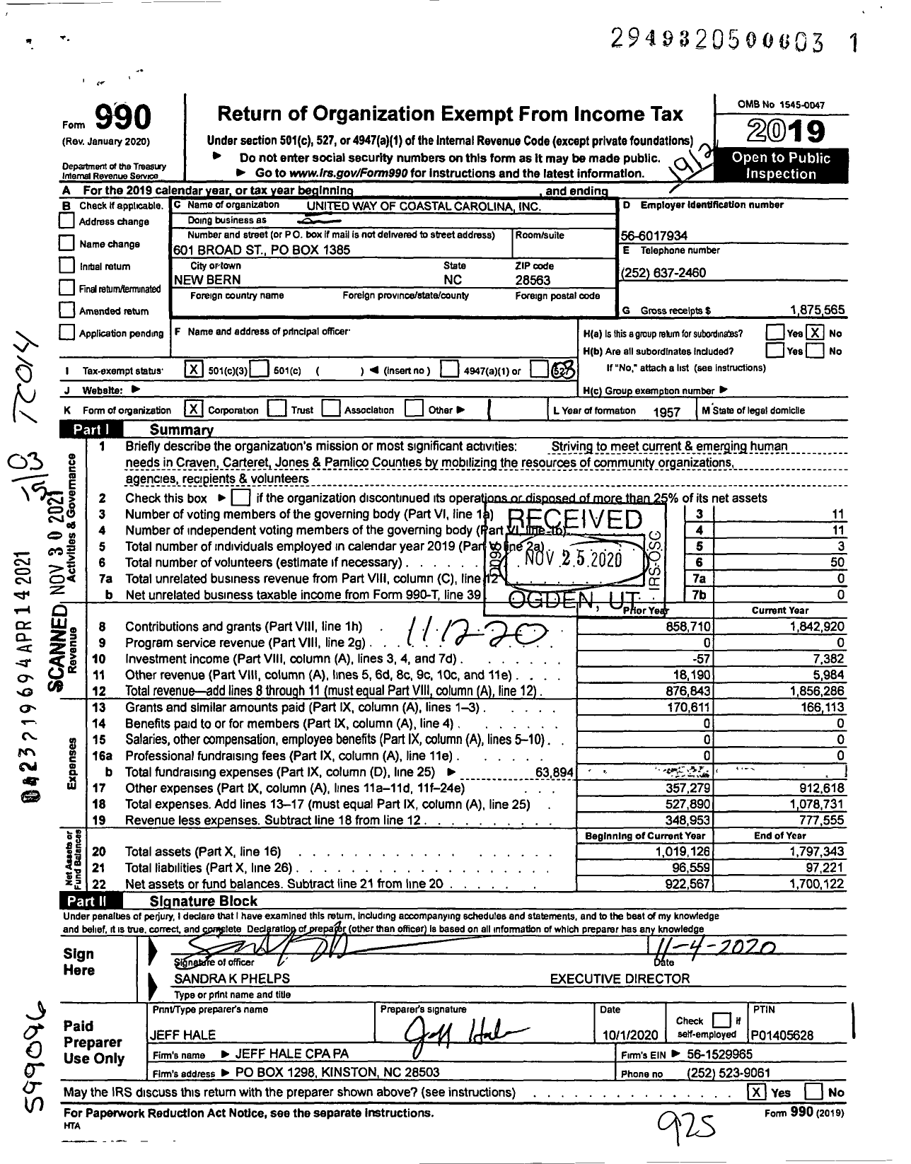 Image of first page of 2019 Form 990 for United Way of Coastal Carolina