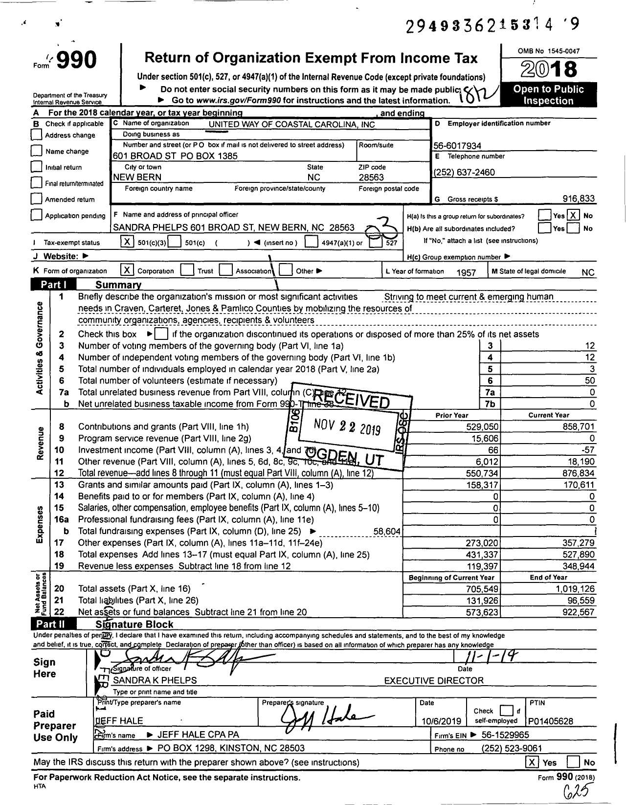 Image of first page of 2018 Form 990 for United Way of Coastal Carolina