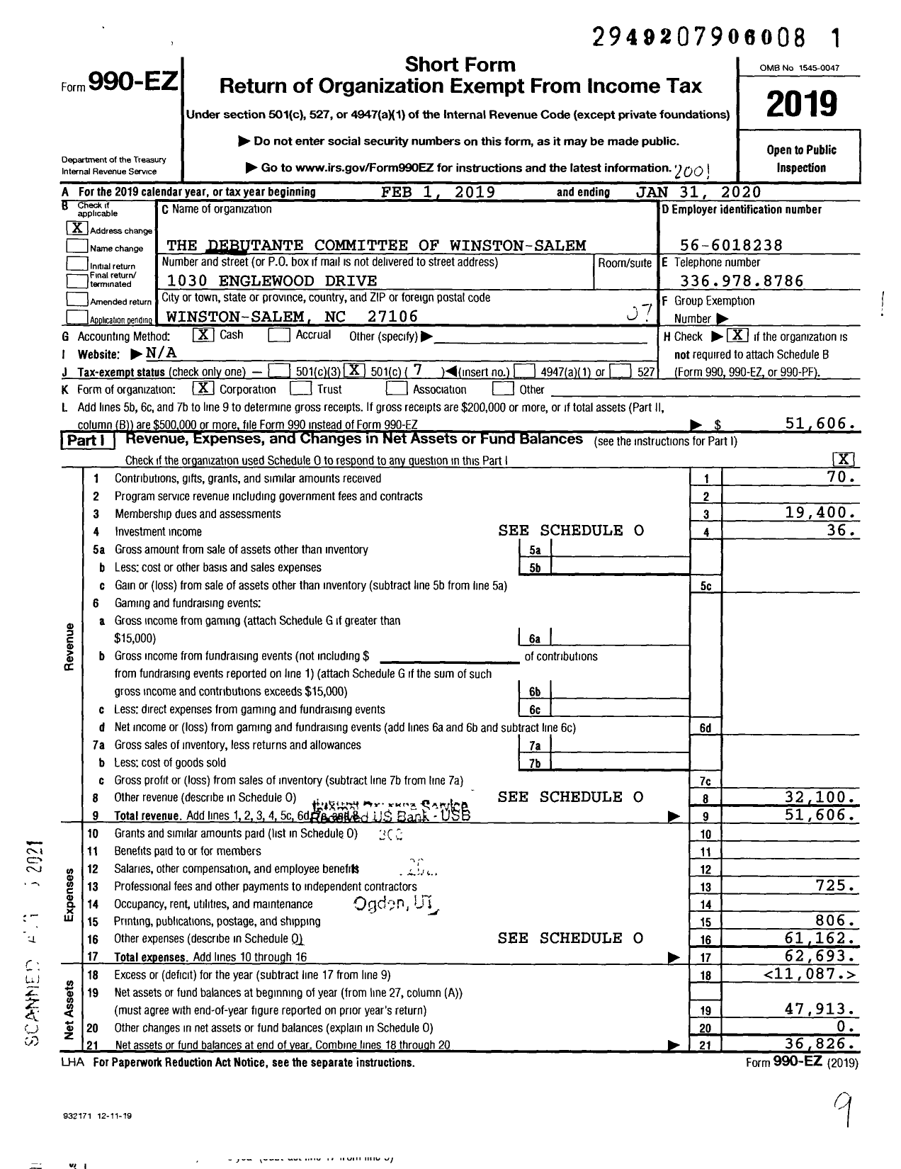 Image of first page of 2019 Form 990EO for The Debutante Committee of Winston-Salem