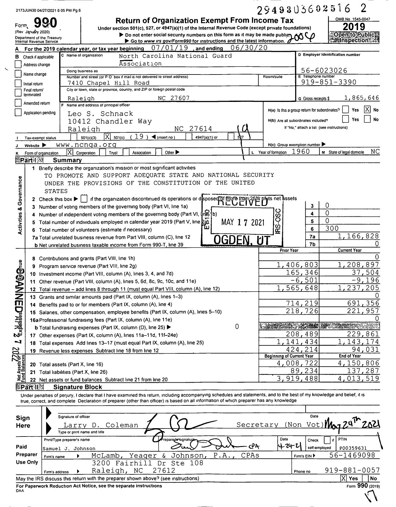 Image of first page of 2019 Form 990O for North Carolina National Guard Association