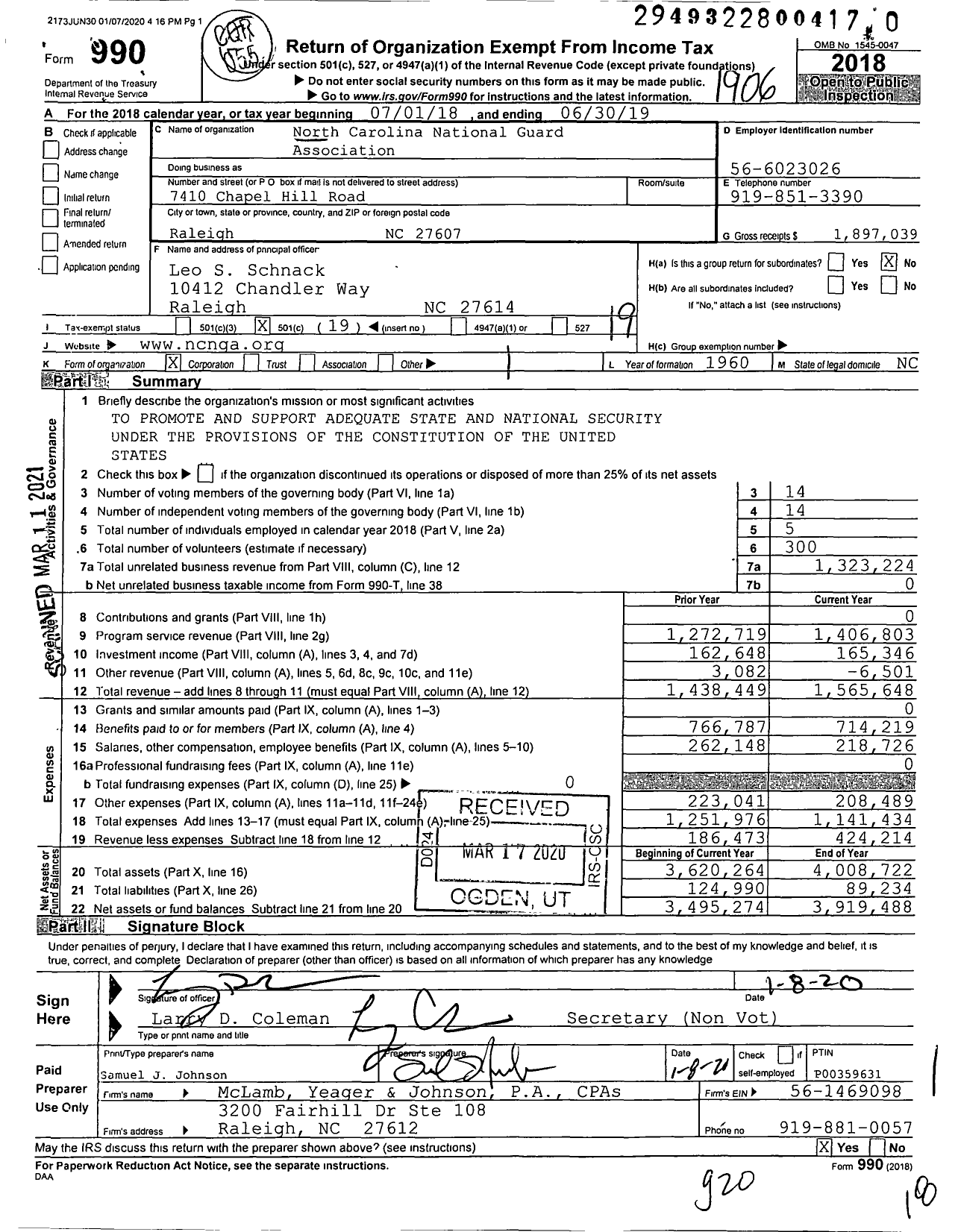 Image of first page of 2018 Form 990O for North Carolina National Guard Association