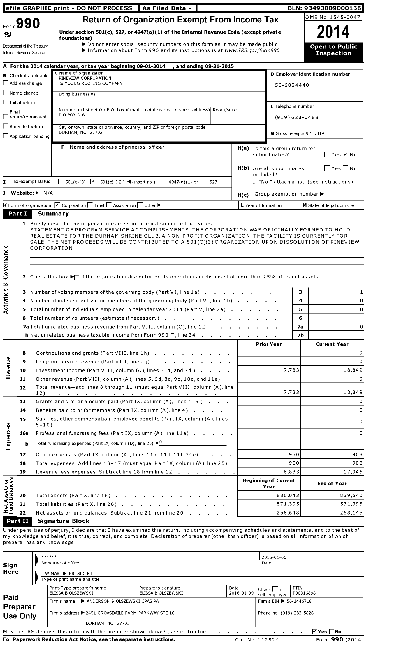 Image of first page of 2014 Form 990O for Pineview Corporation % Young Roofing Company