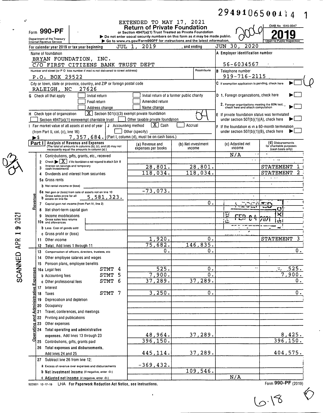 Image of first page of 2019 Form 990PF for Bryan Foundation