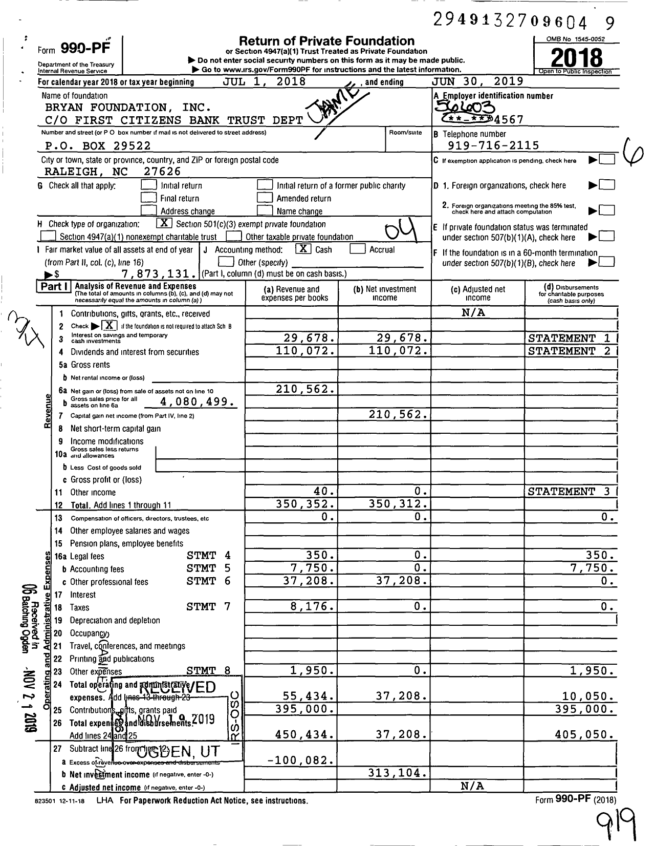 Image of first page of 2018 Form 990PF for Bryan Foundation