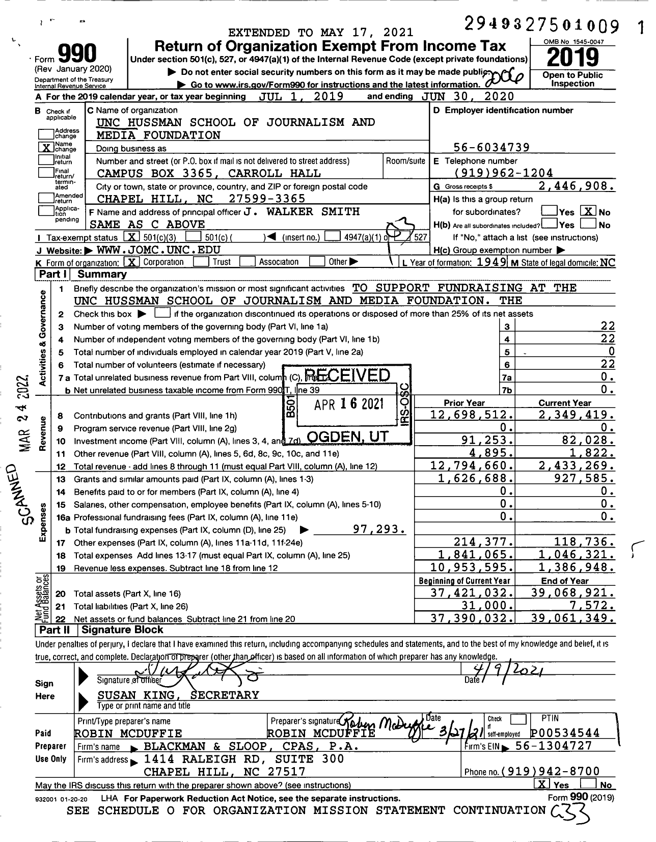 Image of first page of 2019 Form 990 for Unc Hussman School of Journalism and Media Foundation