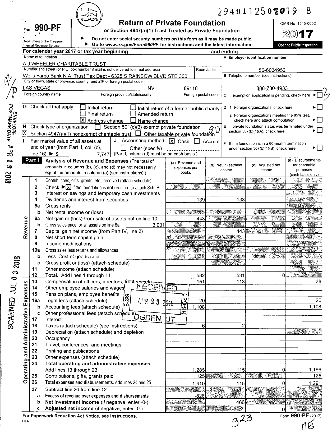 Image of first page of 2017 Form 990PF for A J Wheeler Charitable Trust