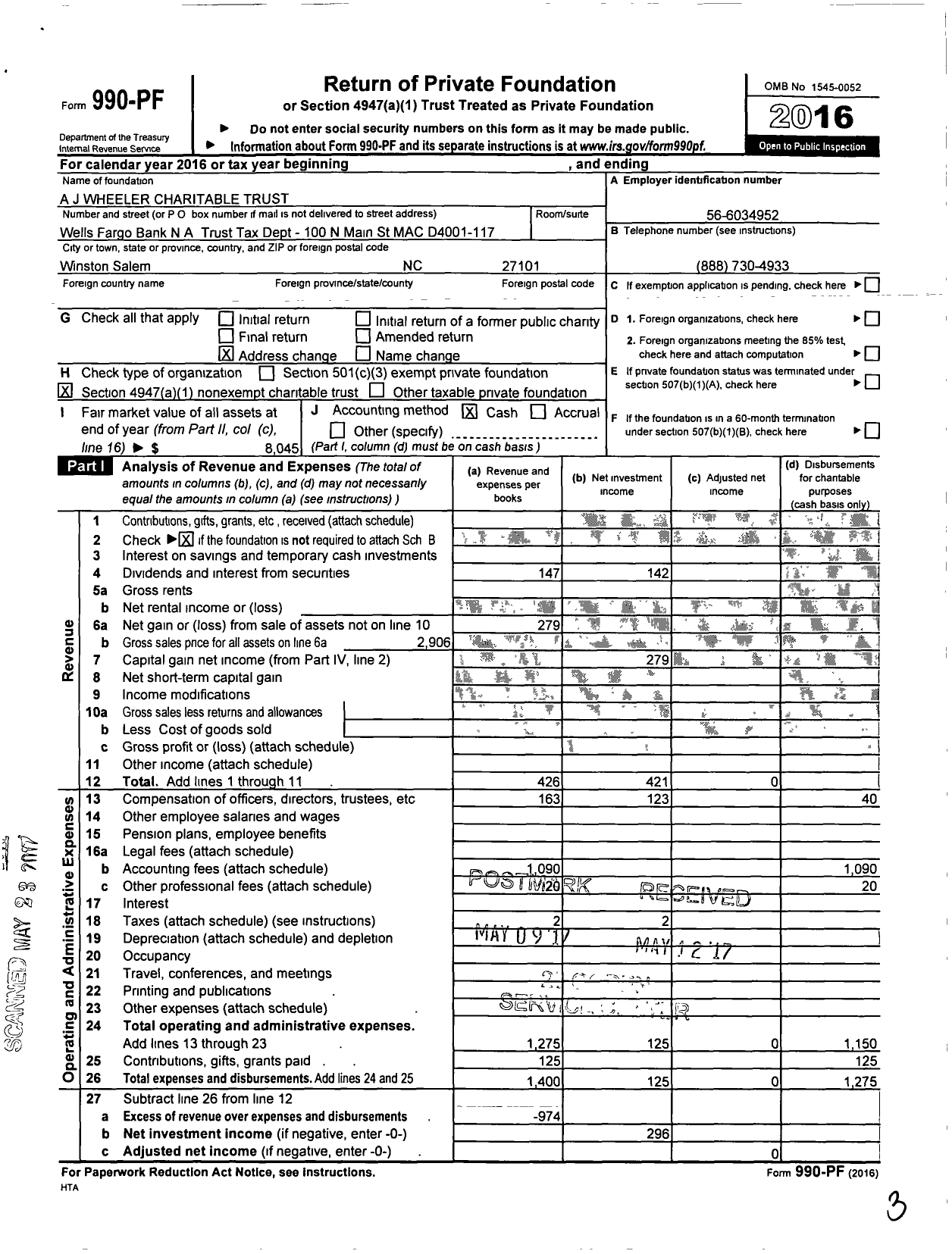 Image of first page of 2016 Form 990PF for A J Wheeler Charitable Trust