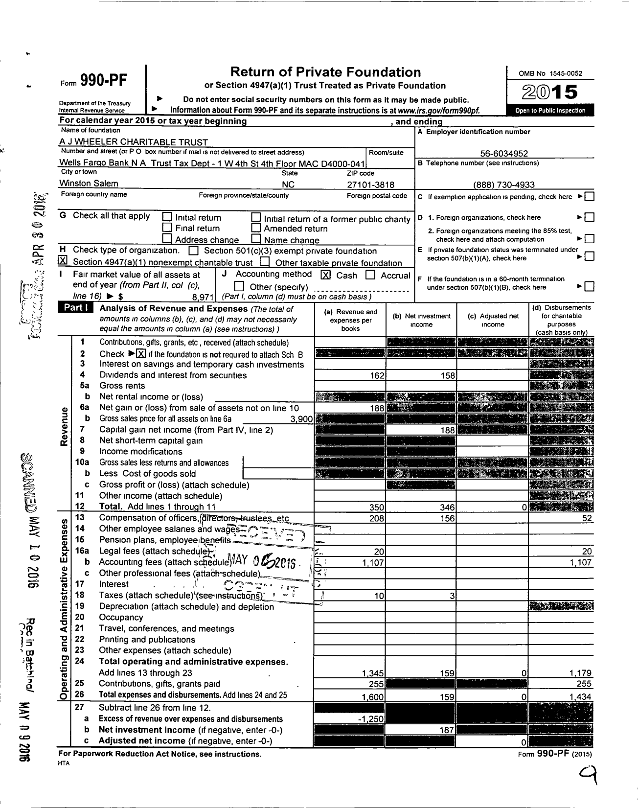 Image of first page of 2015 Form 990PF for A J Wheeler Charitable Trust