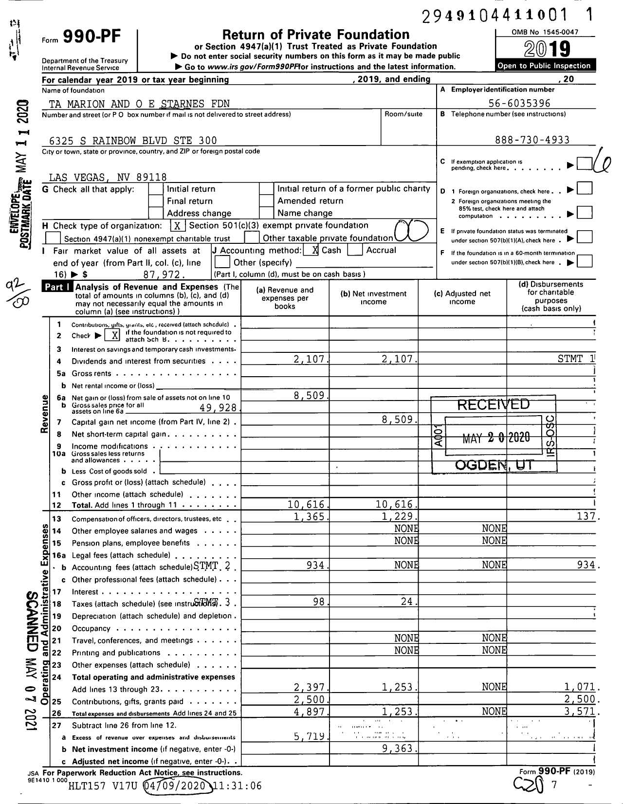 Image of first page of 2019 Form 990PF for Ta Marion and O E Starnes Foundation