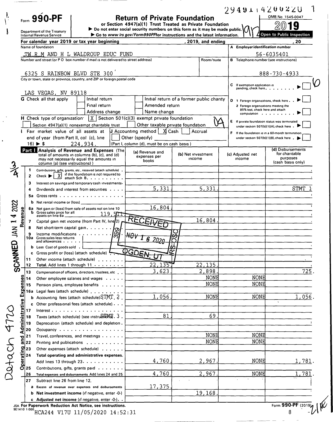 Image of first page of 2019 Form 990PF for TW R M and H L Waldroup Educ Fund