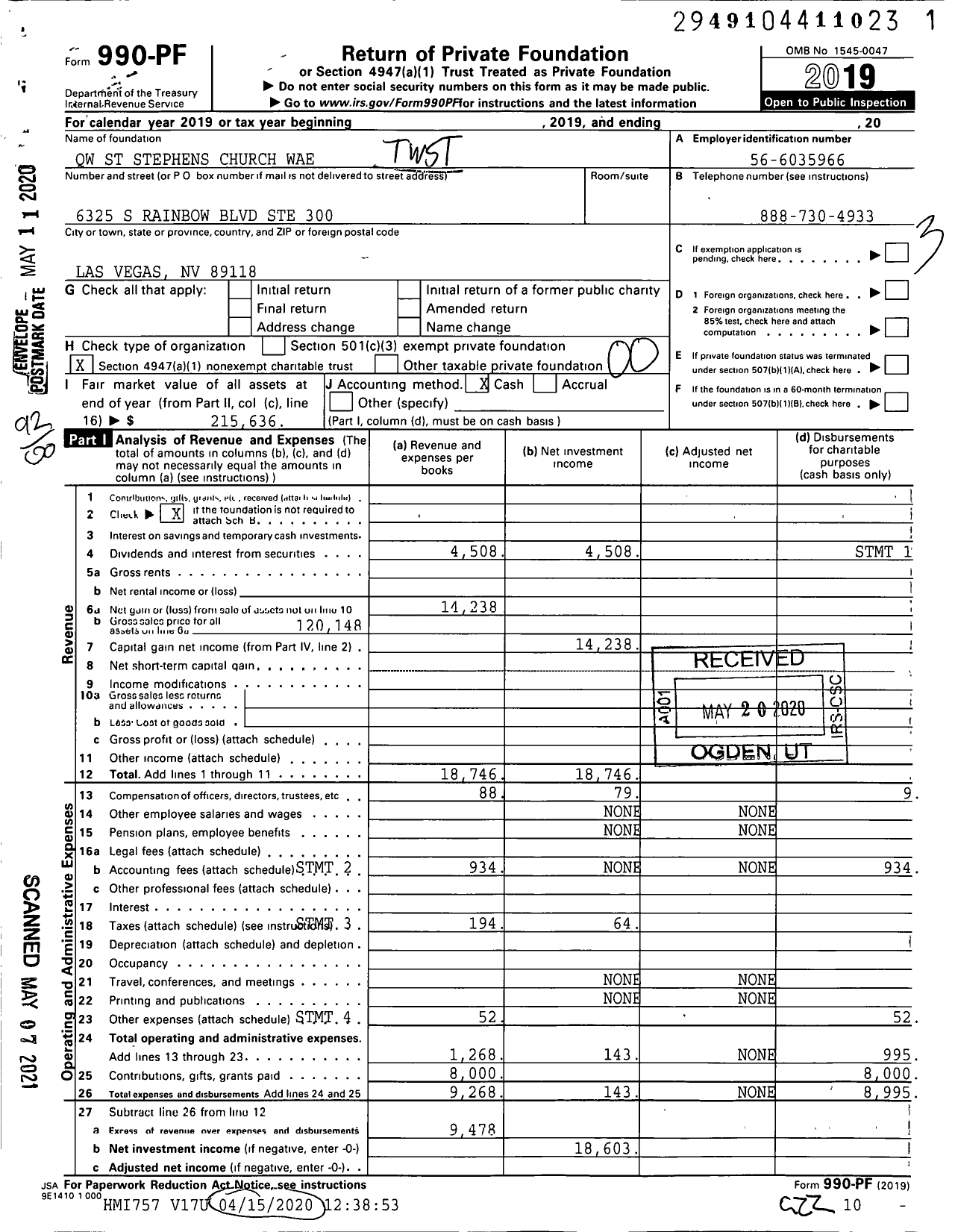 Image of first page of 2019 Form 990PF for QW St Stephens Church Wae